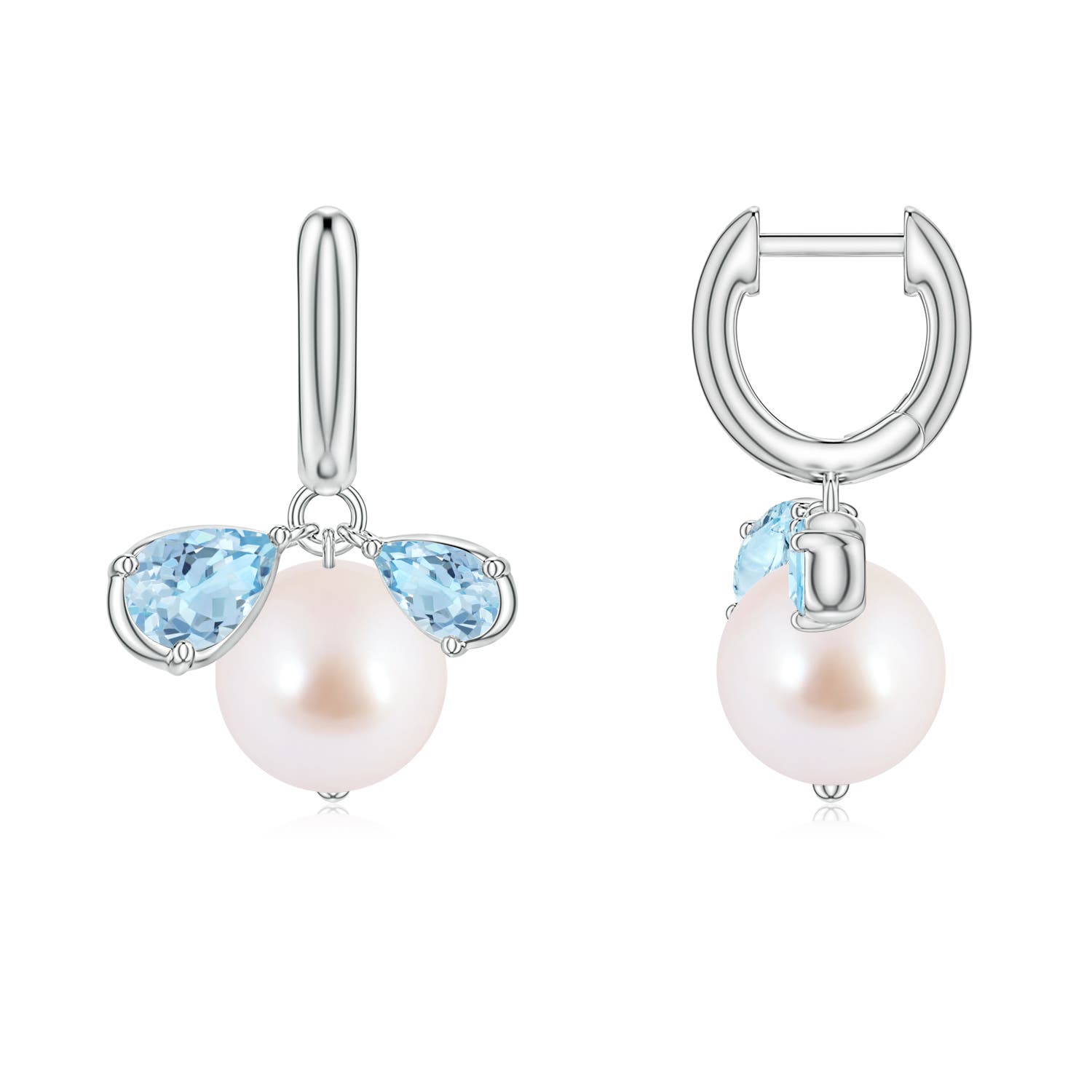 8mm AAA Akoya Pearl and Pear Aquamarine Huggie Hoop Drop Earrings in 18CT White Gold