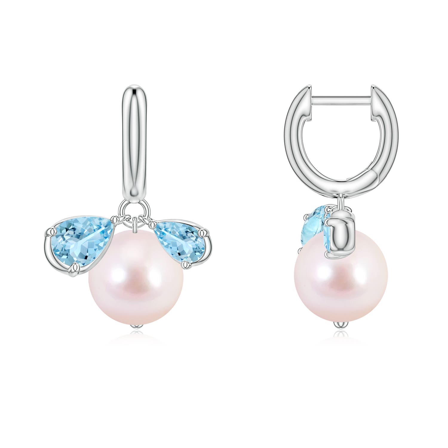 8mm AAAA Akoya Pearl and Pear Aquamarine Huggie Hoop Drop Earrings in White Gold