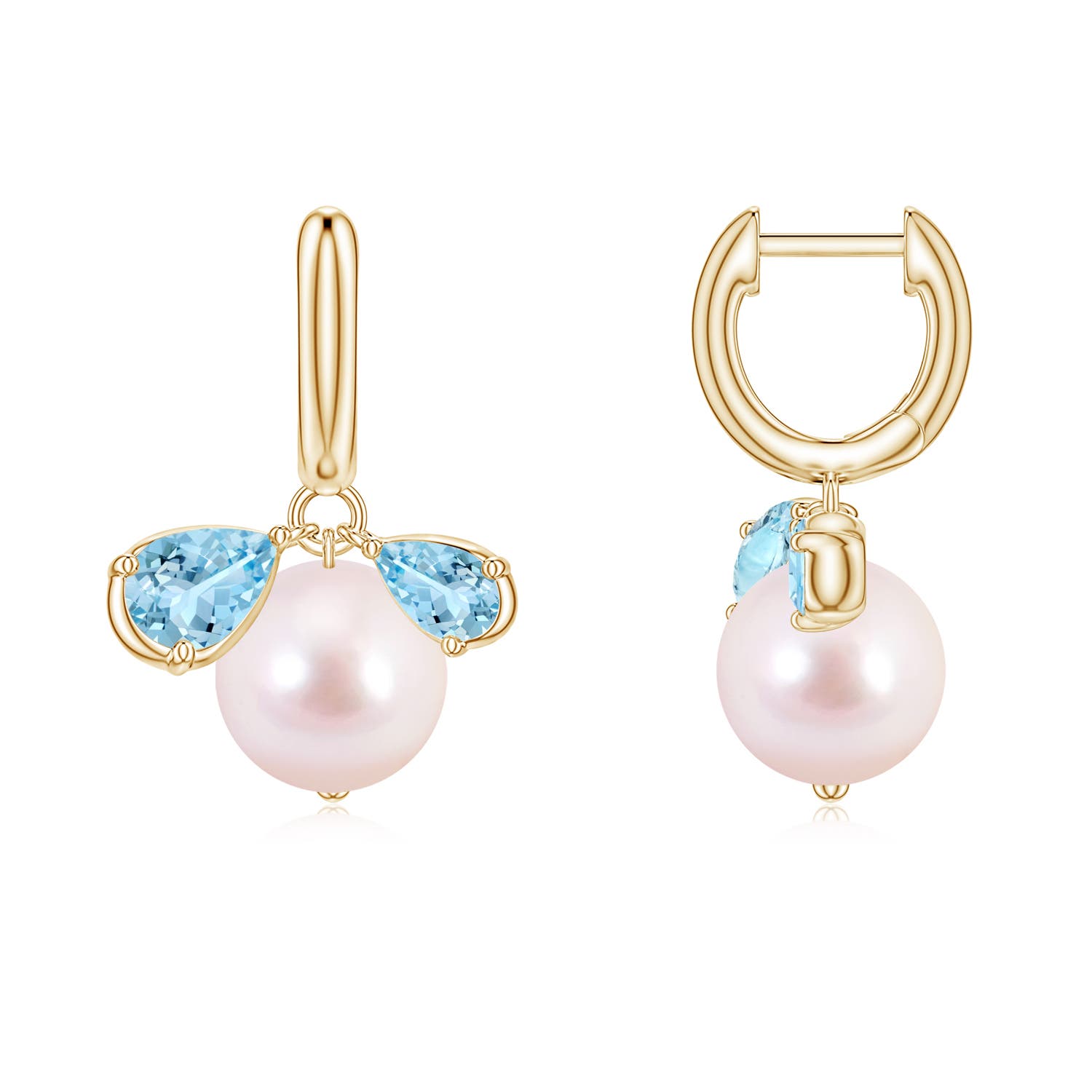 8mm AAAA Akoya Pearl and Pear Aquamarine Huggie Hoop Drop Earrings in Yellow Gold