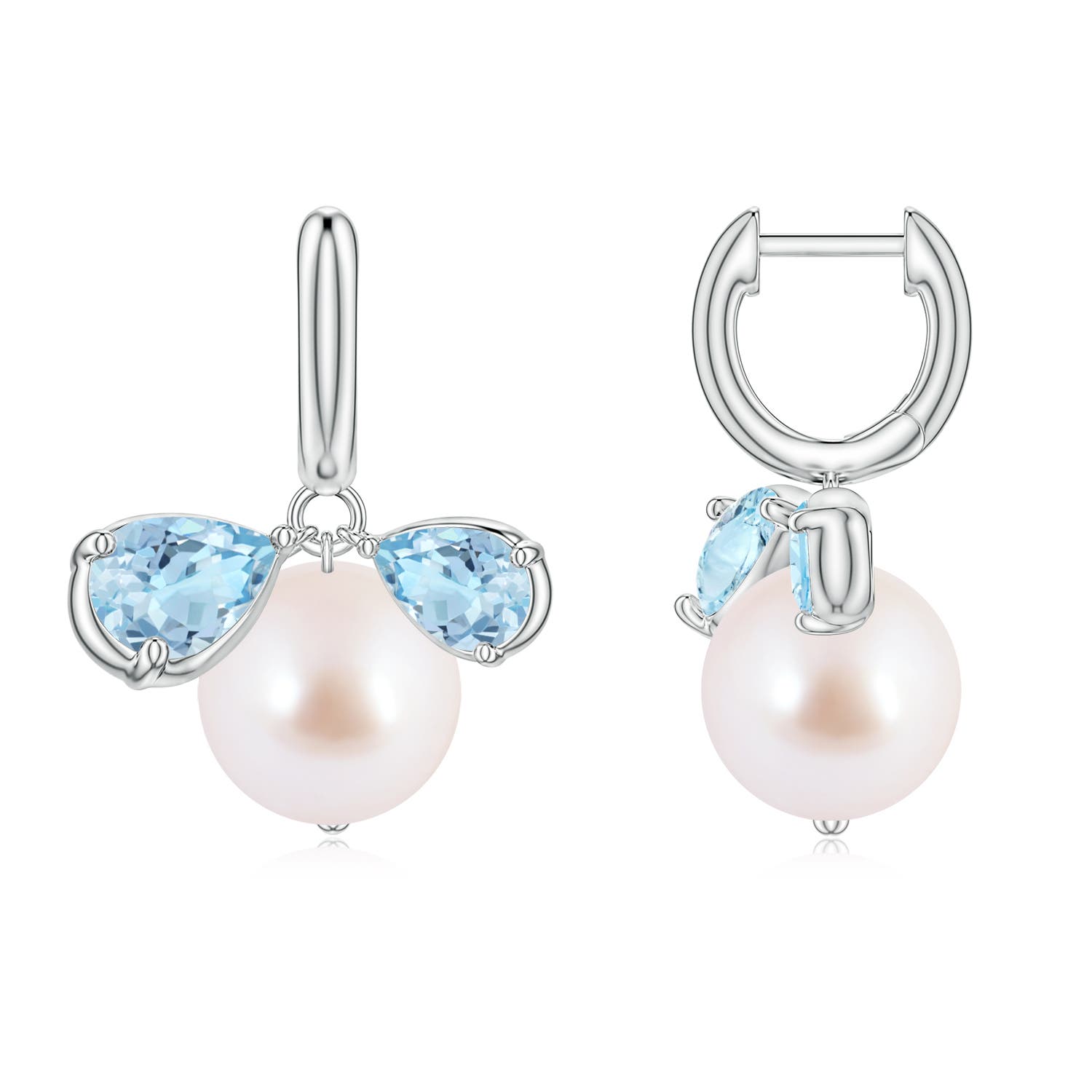 9mm AAA Akoya Pearl and Pear Aquamarine Huggie Hoop Drop Earrings in White Gold