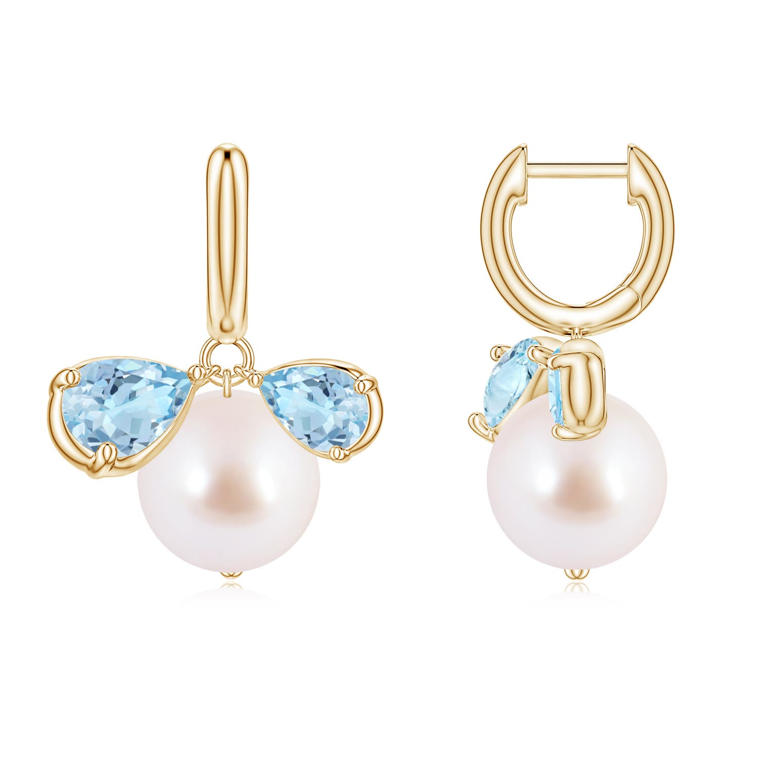 9mm AAA Akoya Pearl and Pear Aquamarine Huggie Hoop Drop Earrings in Yellow Gold