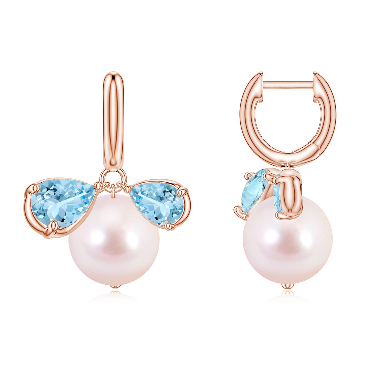 9mm AAAA Akoya Pearl and Pear Aquamarine Huggie Hoop Drop Earrings in Rose Gold