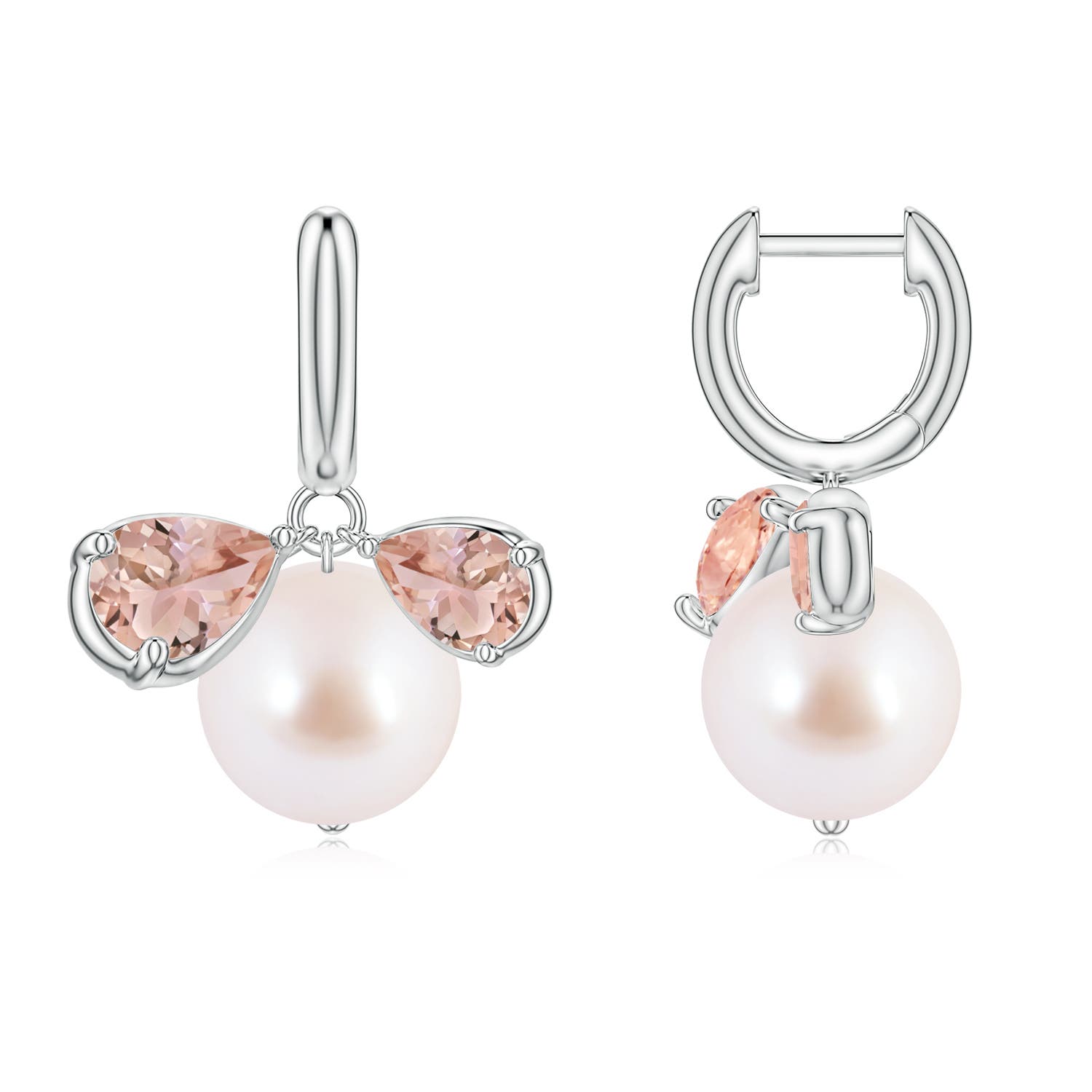 9mm AAA Akoya Pearl and Pear Morganite Huggie Hoop Drop Earrings in White Gold