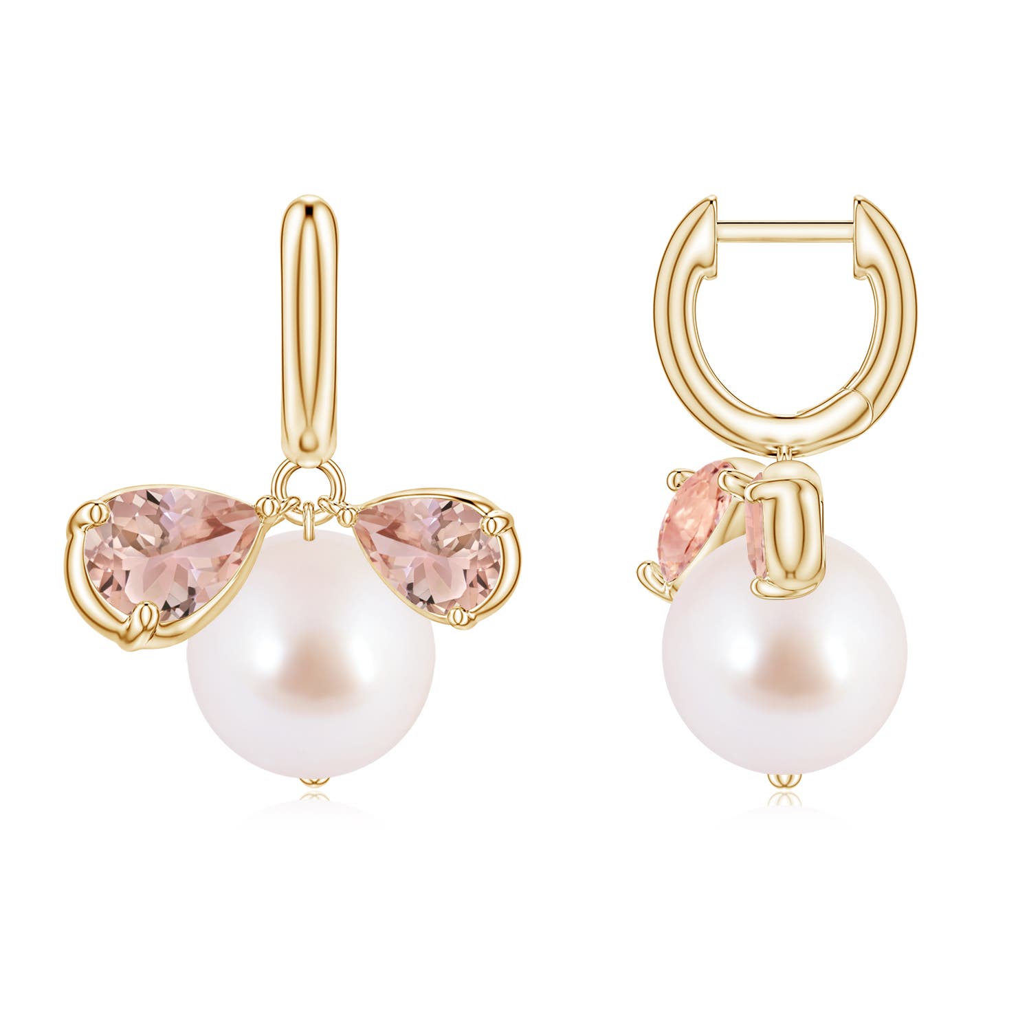 9mm AAA Akoya Pearl and Pear Morganite Huggie Hoop Drop Earrings in Yellow Gold