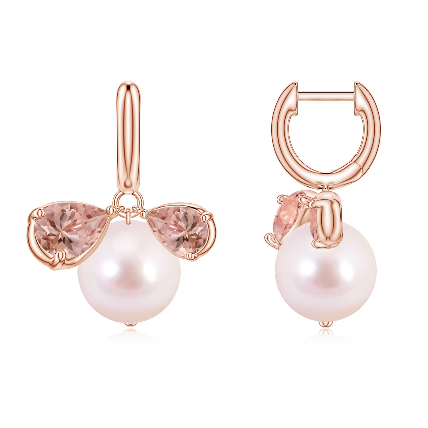 9mm AAAA Akoya Pearl and Pear Morganite Huggie Hoop Drop Earrings in Rose Gold