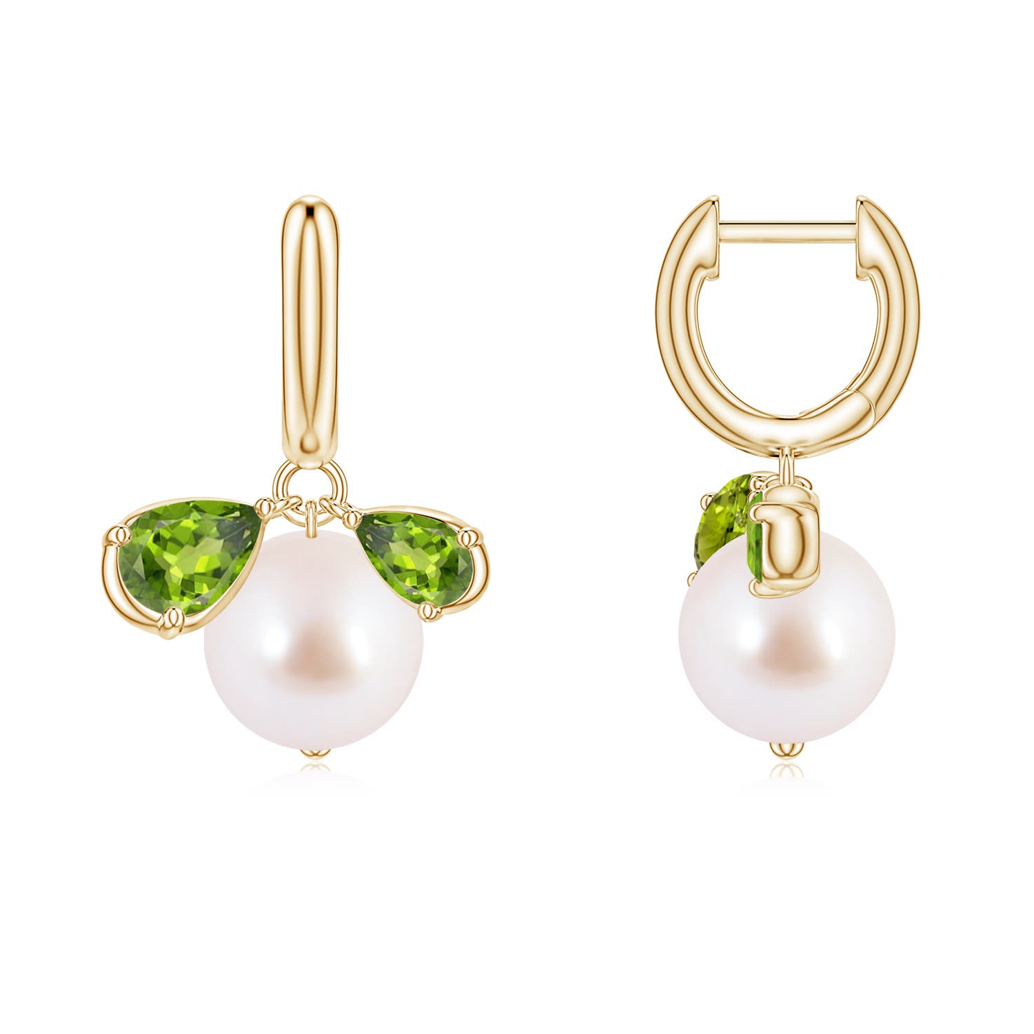8mm AAA Akoya Pearl and Pear Peridot Huggie Hoop Drop Earrings in 18K Yellow Gold