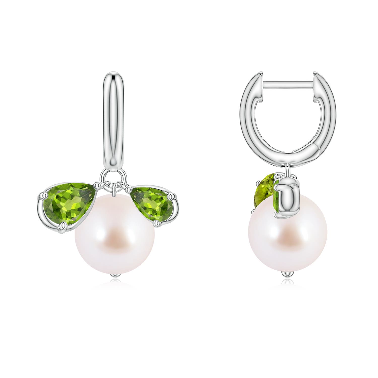 8mm AAA Akoya Pearl and Pear Peridot Huggie Hoop Drop Earrings in White Gold