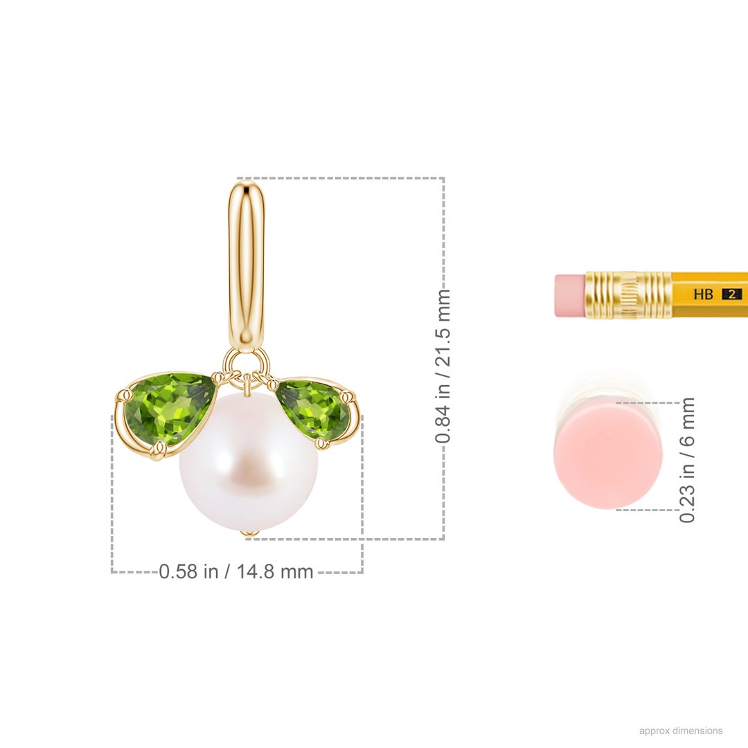 8mm AAA Akoya Pearl and Pear Peridot Huggie Hoop Drop Earrings in Yellow Gold - ruler