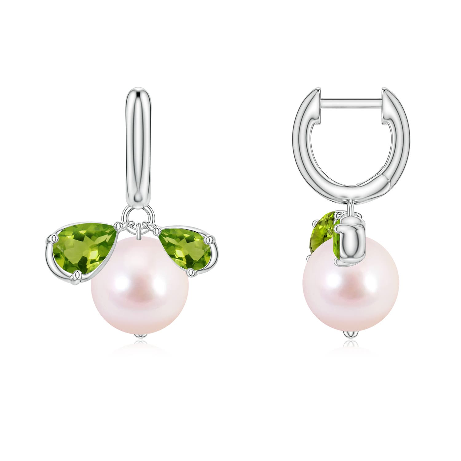 8mm AAAA Akoya Pearl and Pear Peridot Huggie Hoop Drop Earrings in White Gold