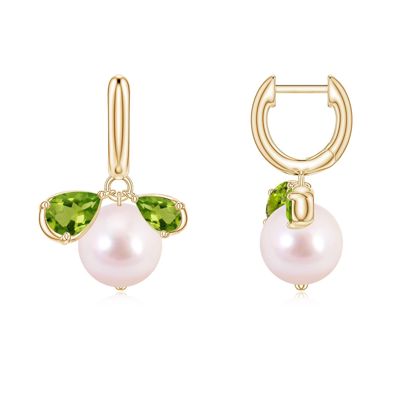 8mm AAAA Akoya Pearl and Pear Peridot Huggie Hoop Drop Earrings in Yellow Gold