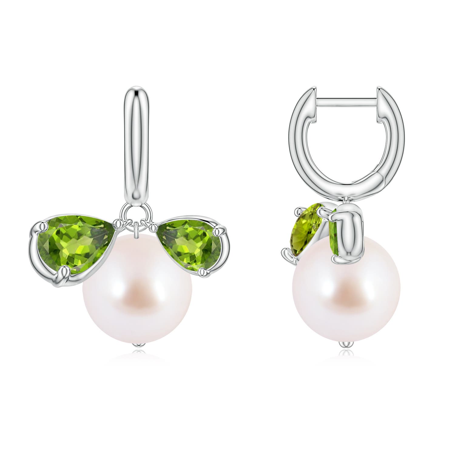 9mm AAA Akoya Pearl and Pear Peridot Huggie Hoop Drop Earrings in 18K White Gold