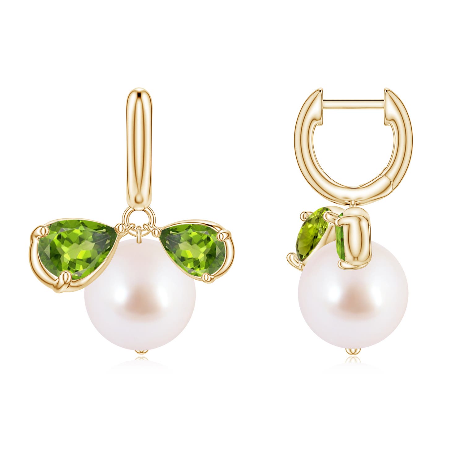 9mm AAA Akoya Pearl and Pear Peridot Huggie Hoop Drop Earrings in Yellow Gold
