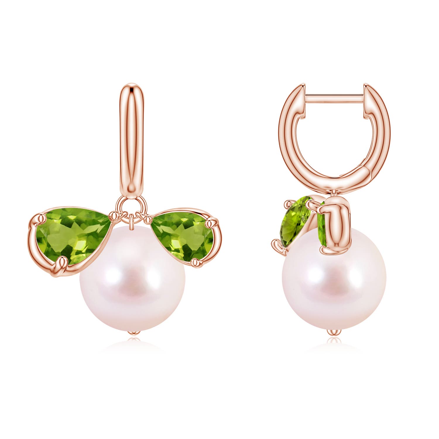 9mm AAAA Akoya Pearl and Pear Peridot Huggie Hoop Drop Earrings in Rose Gold