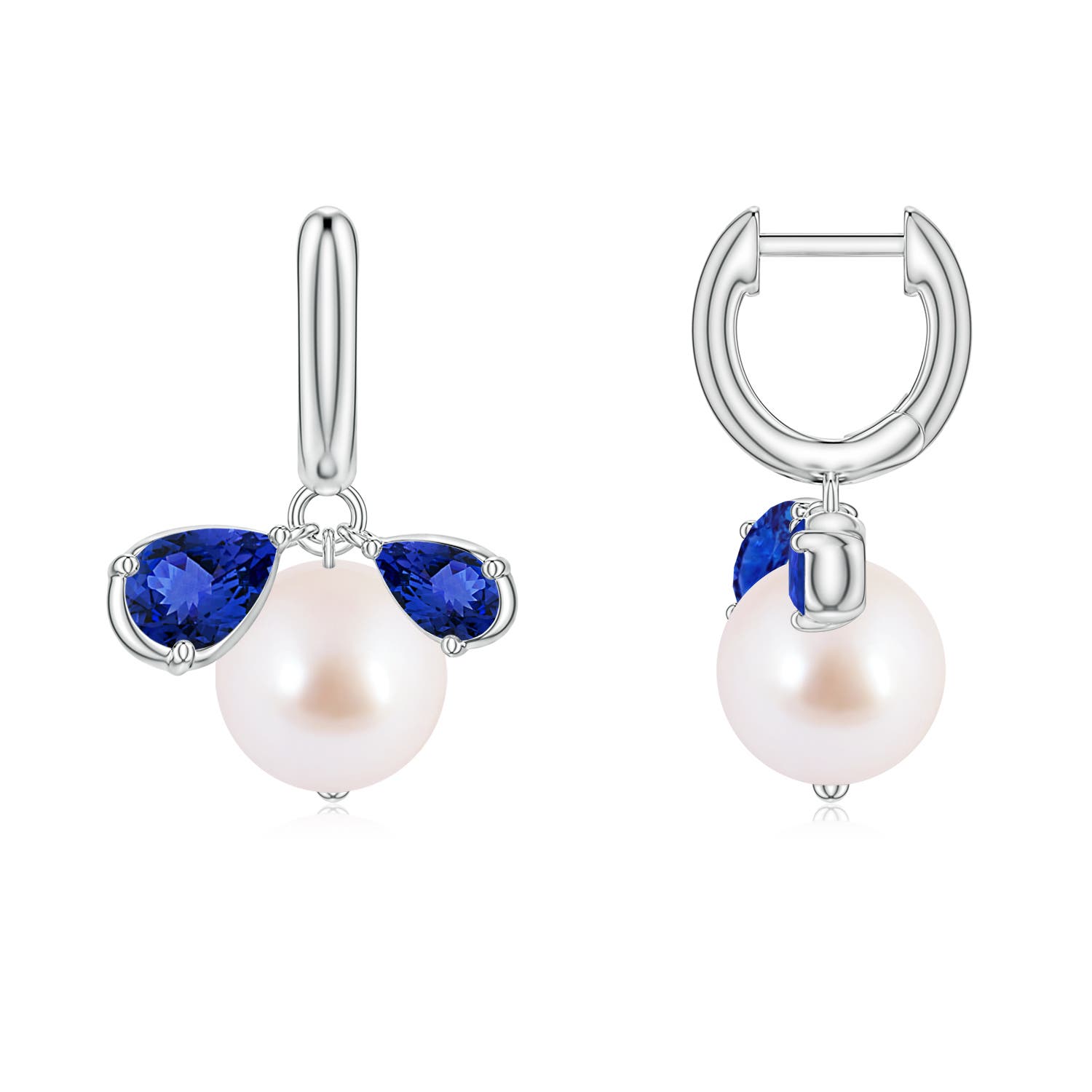 8mm AAA Akoya Pearl and Pear Tanzanite Huggie Hoop Drop Earrings in White Gold