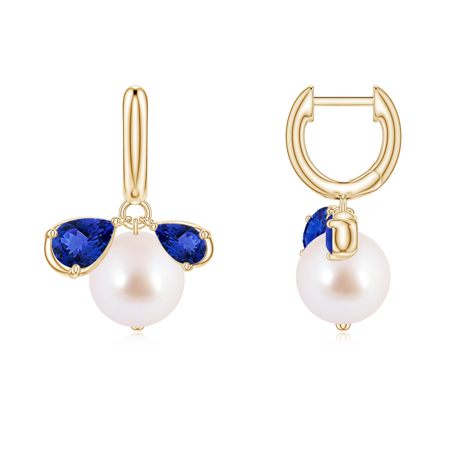 8mm AAA Akoya Pearl and Pear Tanzanite Huggie Hoop Drop Earrings in Yellow Gold