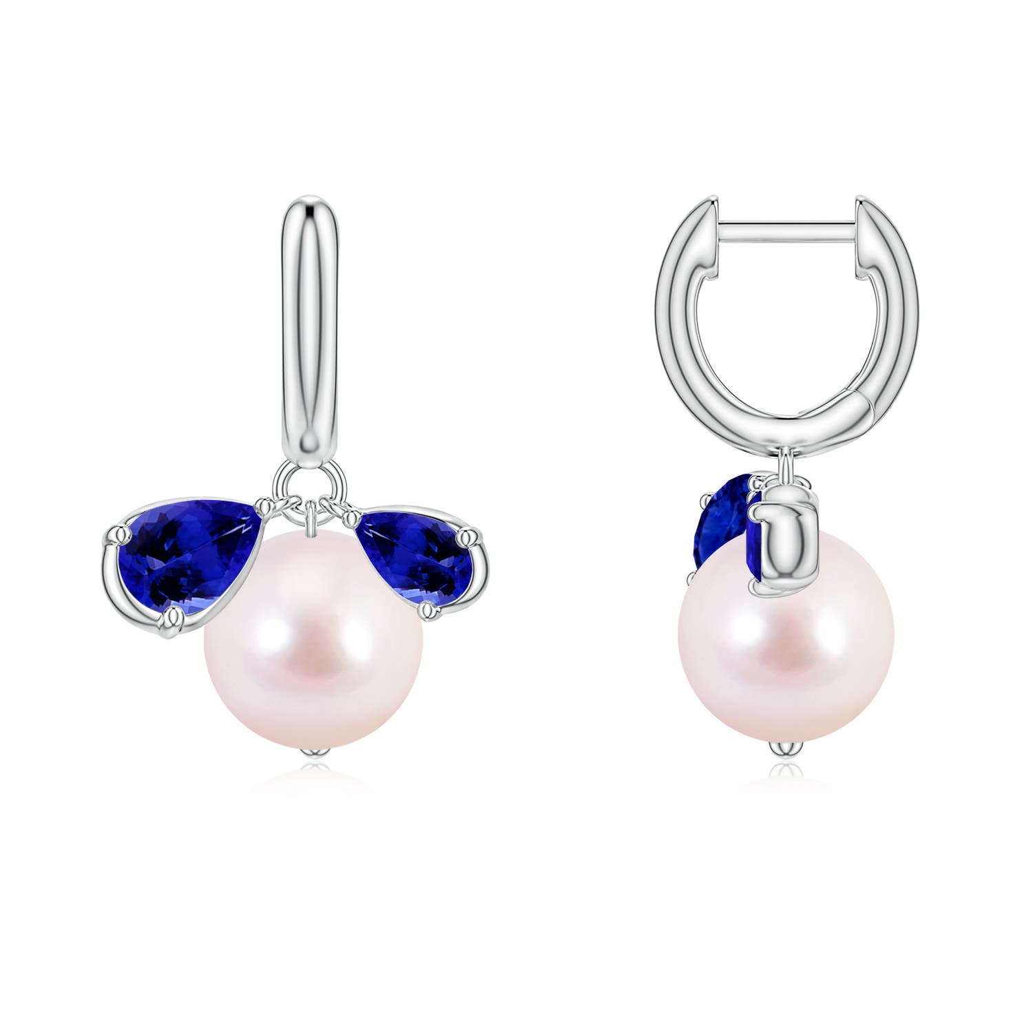 8mm AAAA Akoya Pearl and Pear Tanzanite Huggie Hoop Drop Earrings in White Gold