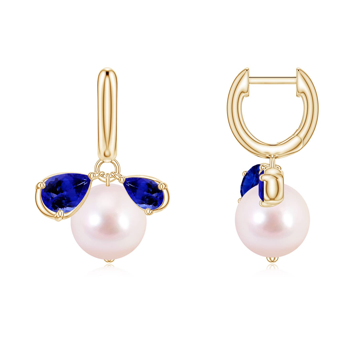 8mm AAAA Akoya Pearl and Pear Tanzanite Huggie Hoop Drop Earrings in Yellow Gold