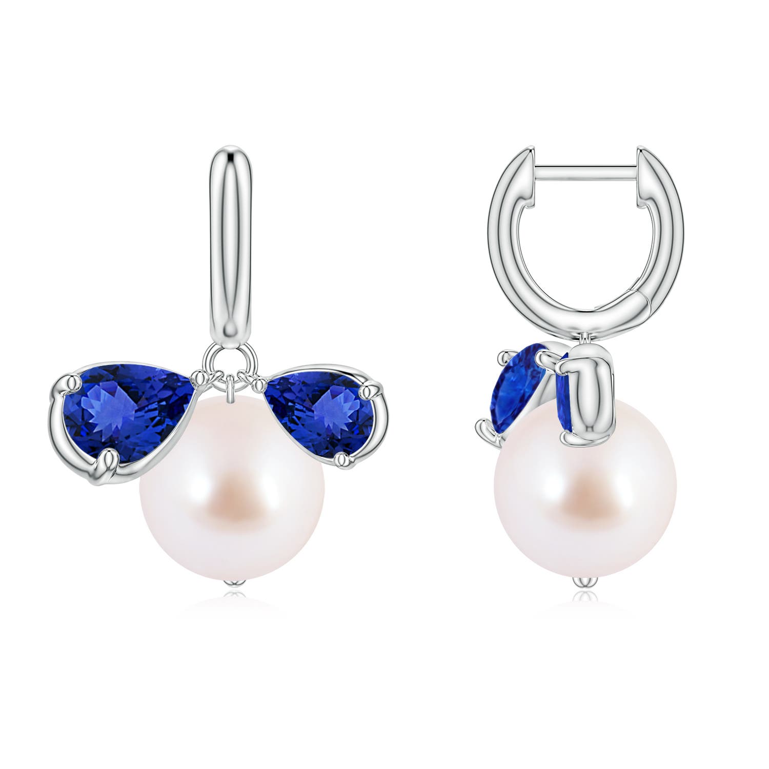 9mm AAA Akoya Pearl and Pear Tanzanite Huggie Hoop Drop Earrings in White Gold