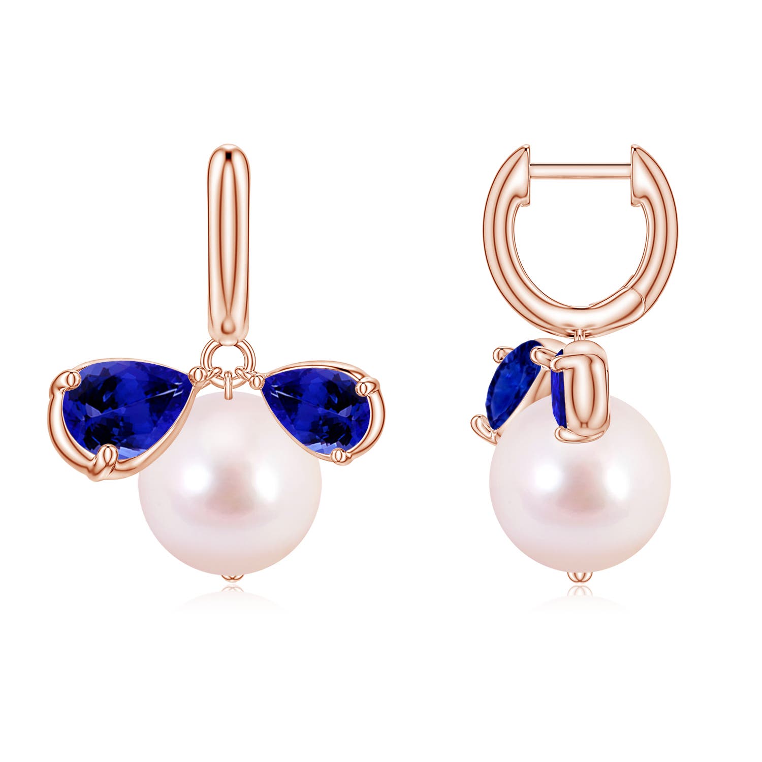 9mm AAAA Akoya Pearl and Pear Tanzanite Huggie Hoop Drop Earrings in Rose Gold
