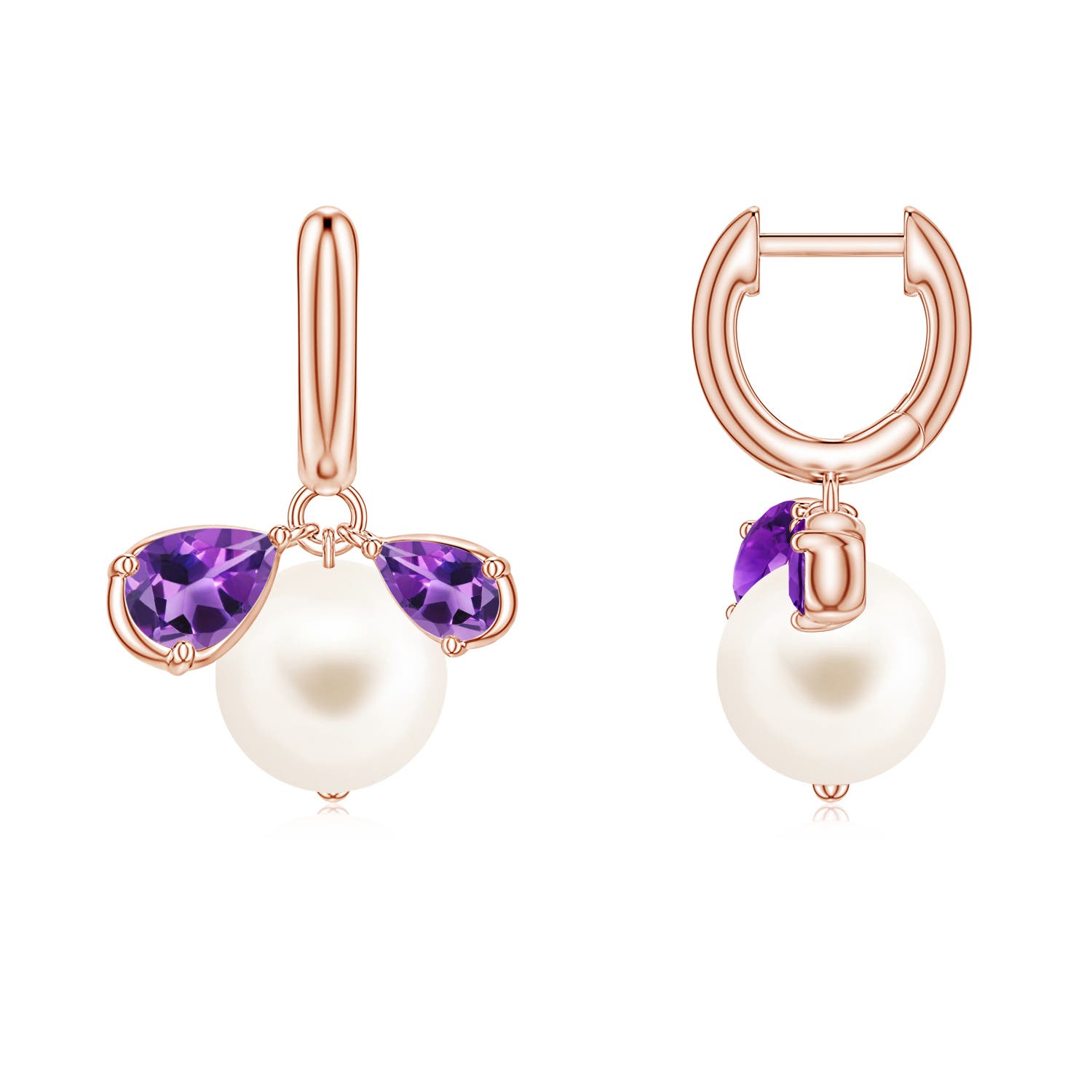 8mm AAA Freshwater Pearl and Pear Amethyst Huggie Hoop Drop Earrings in Rose Gold