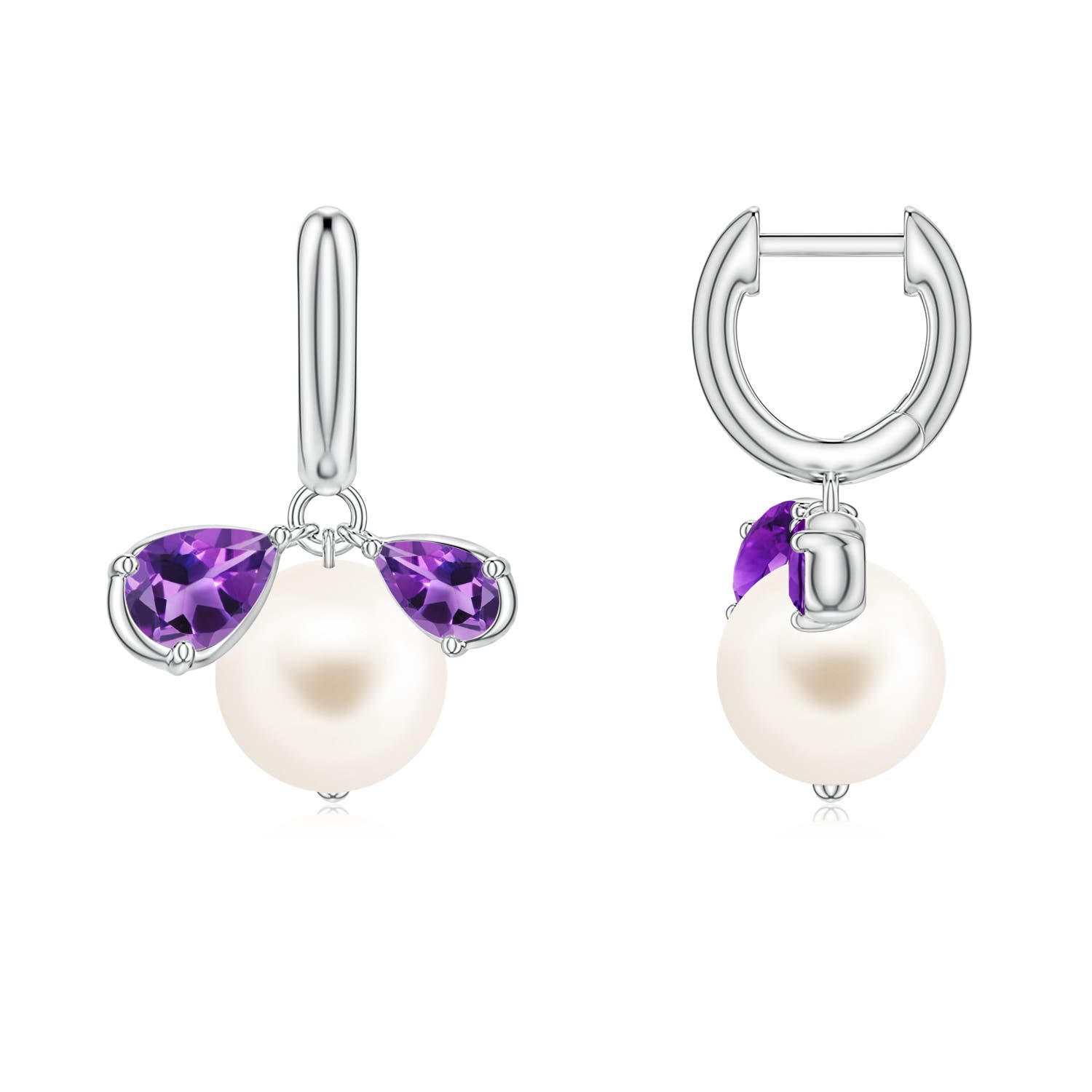 8mm AAA Freshwater Pearl and Pear Amethyst Huggie Hoop Drop Earrings in White Gold
