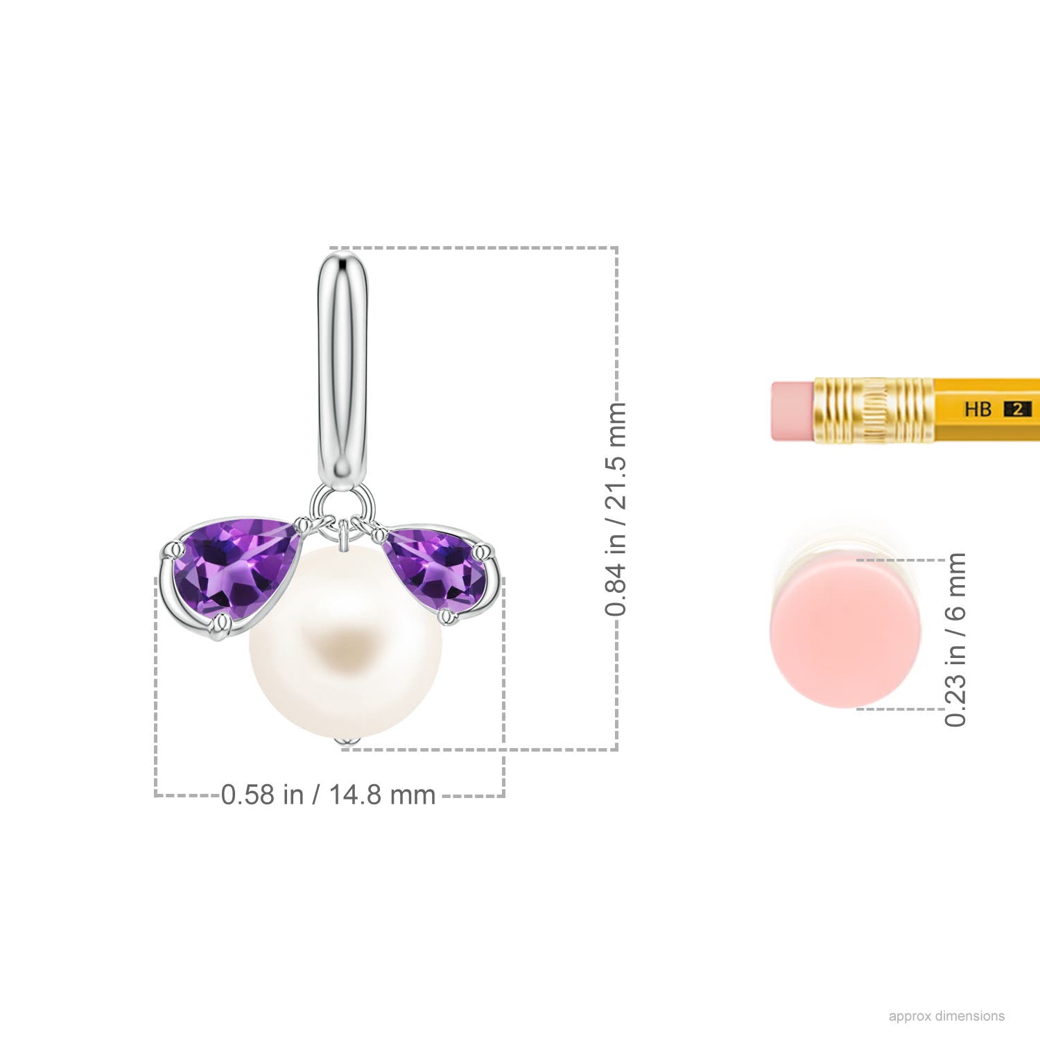 8mm AAA Freshwater Pearl and Pear Amethyst Huggie Hoop Drop Earrings in White Gold - ruler