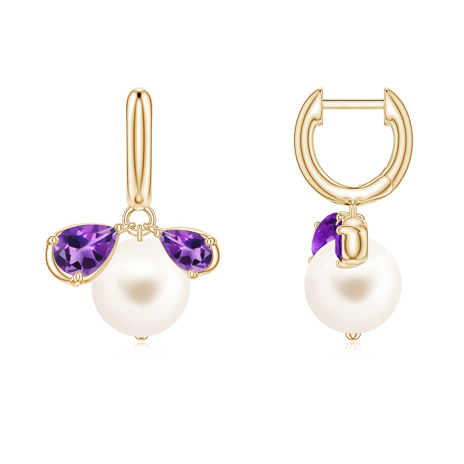 8mm AAA Freshwater Pearl and Pear Amethyst Huggie Hoop Drop Earrings in Yellow Gold