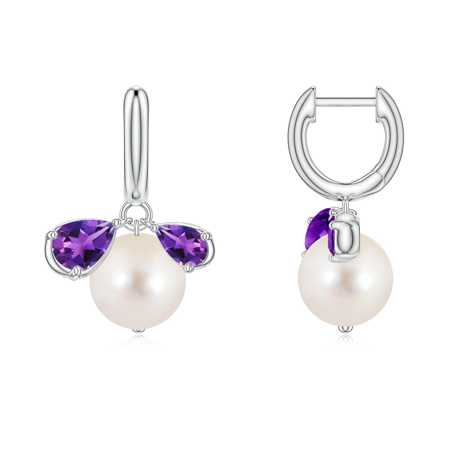 8mm AAAA Freshwater Pearl and Pear Amethyst Huggie Hoop Drop Earrings in White Gold