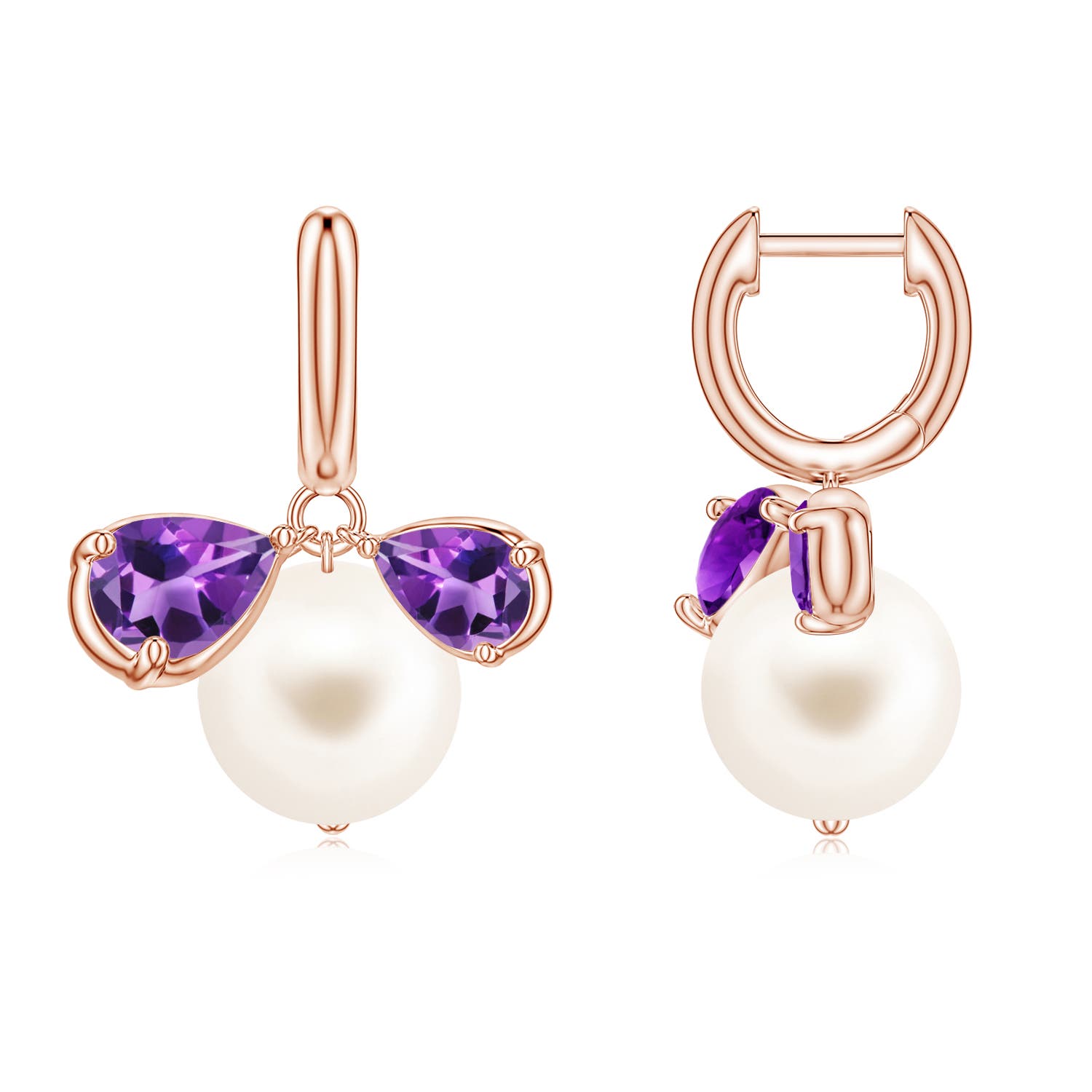 9mm AAA Freshwater Pearl and Pear Amethyst Huggie Hoop Drop Earrings in 18CT Rose Gold