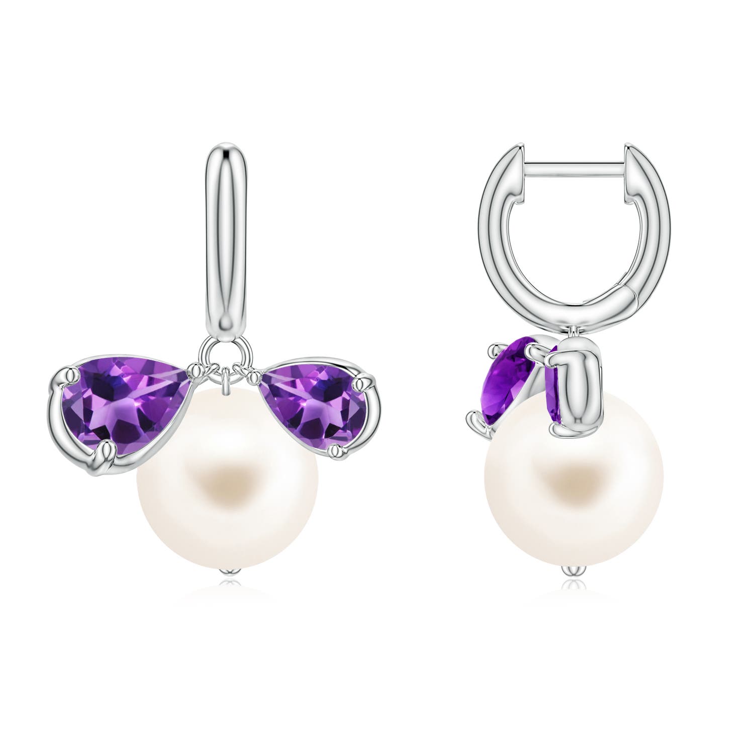9mm AAA Freshwater Pearl and Pear Amethyst Huggie Hoop Drop Earrings in White Gold