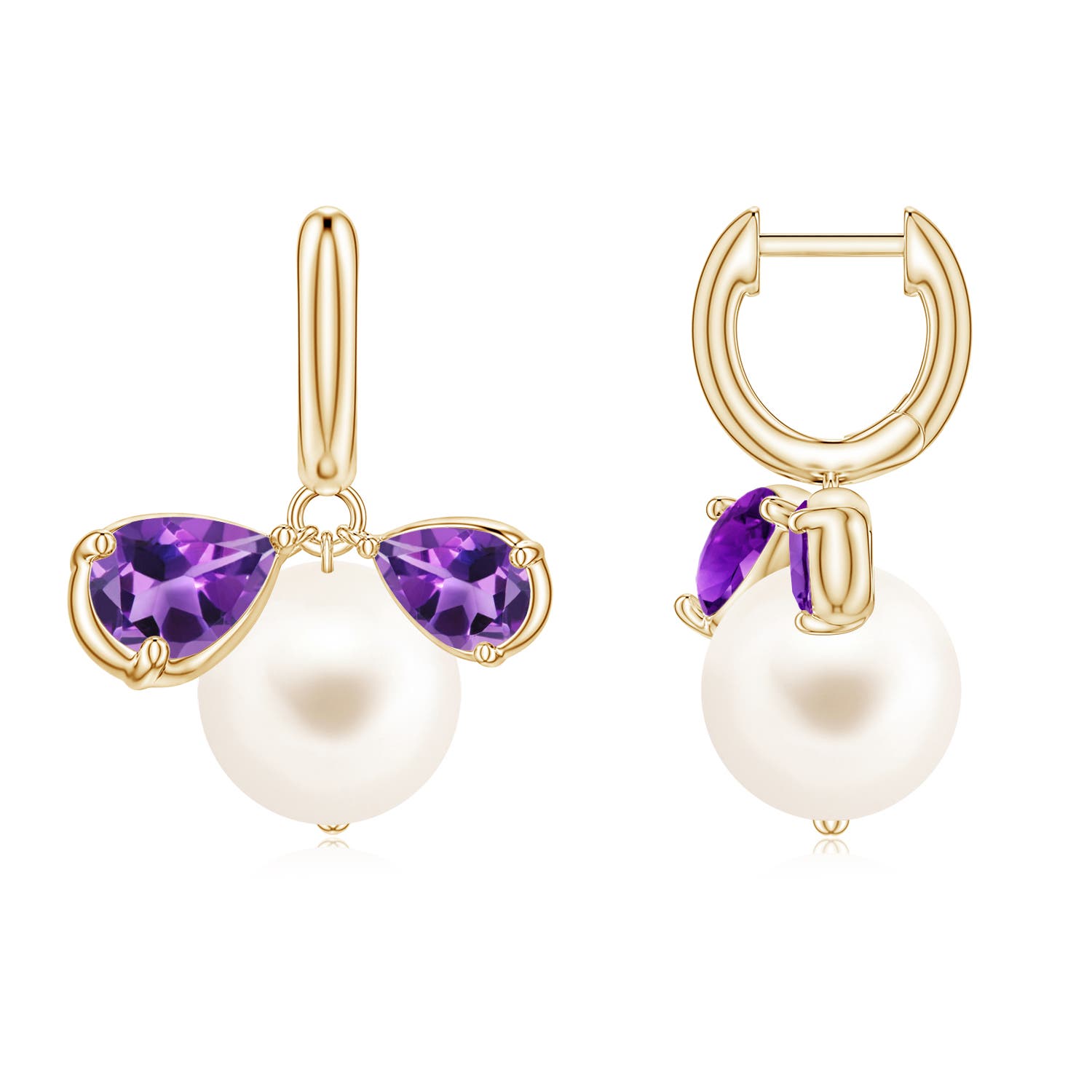 9mm AAA Freshwater Pearl and Pear Amethyst Huggie Hoop Drop Earrings in Yellow Gold