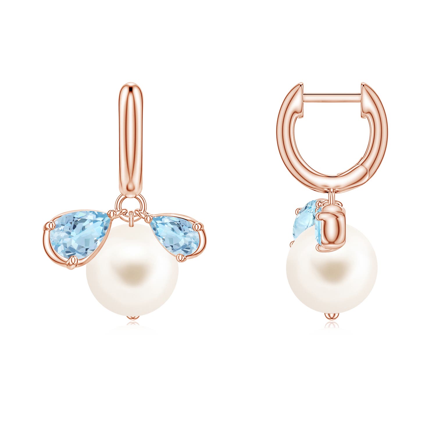 8mm AAA Freshwater Pearl and Pear Aquamarine Huggie Hoop Drop Earrings in Rose Gold