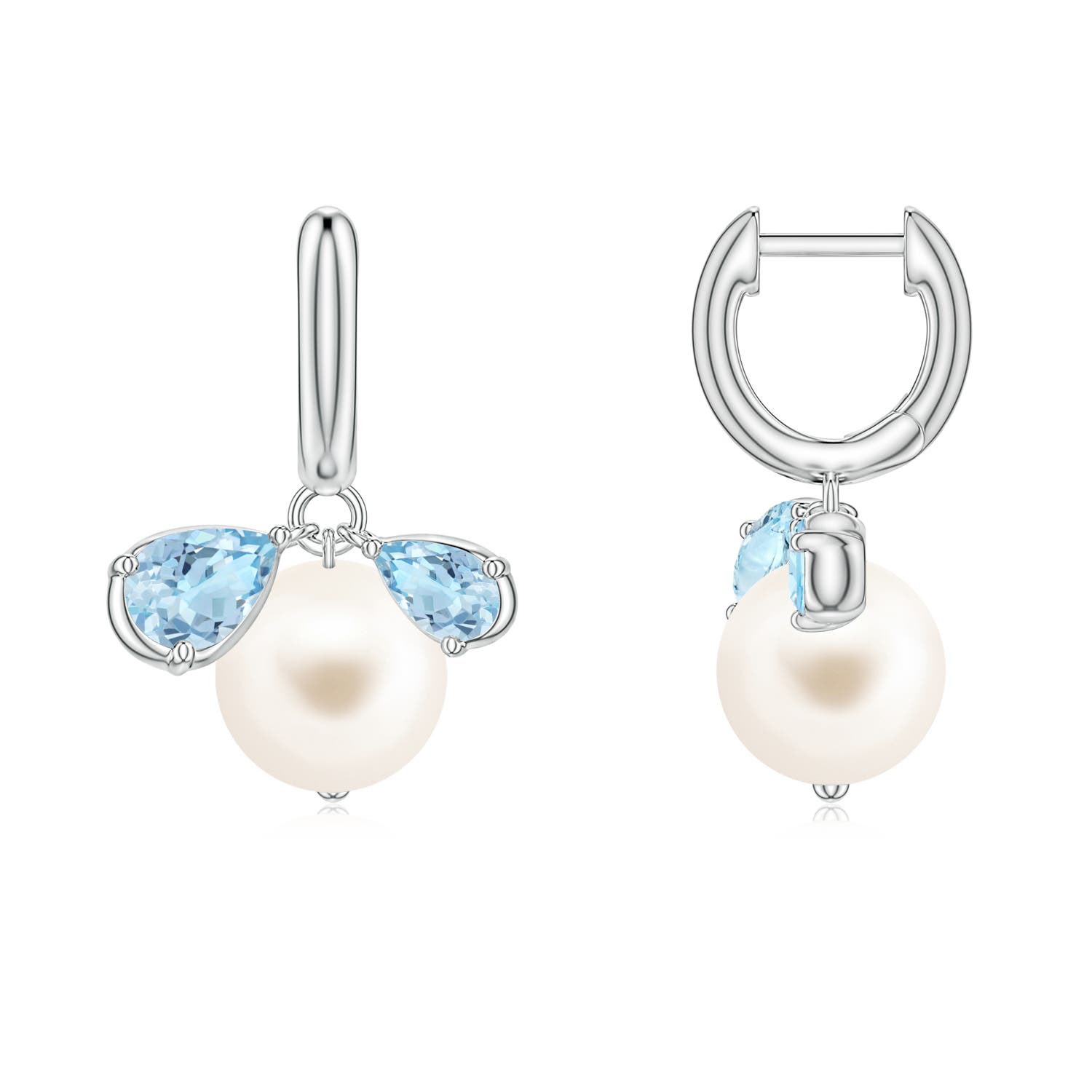 8mm AAA Freshwater Pearl and Pear Aquamarine Huggie Hoop Drop Earrings in White Gold
