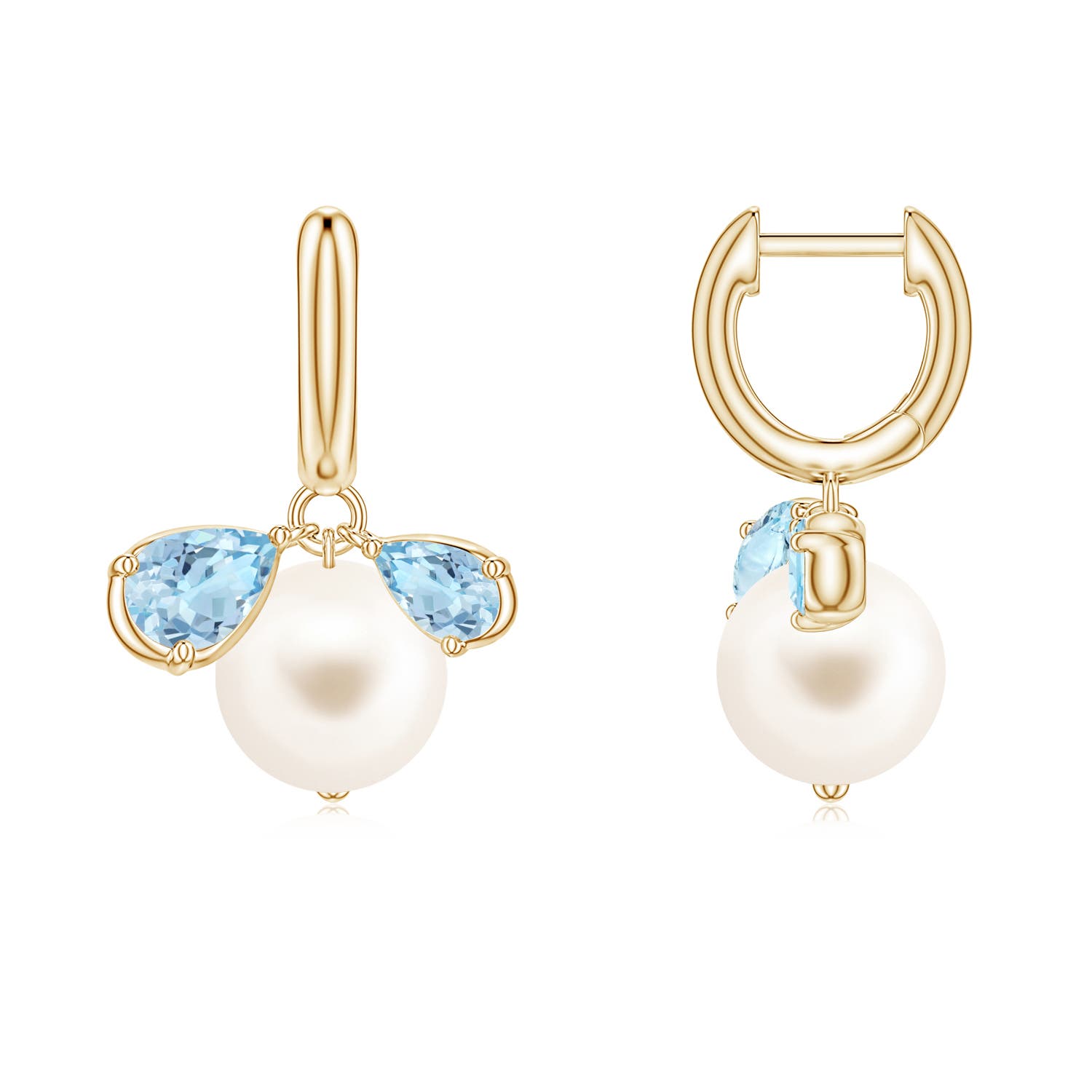 8mm AAA Freshwater Pearl and Pear Aquamarine Huggie Hoop Drop Earrings in Yellow Gold