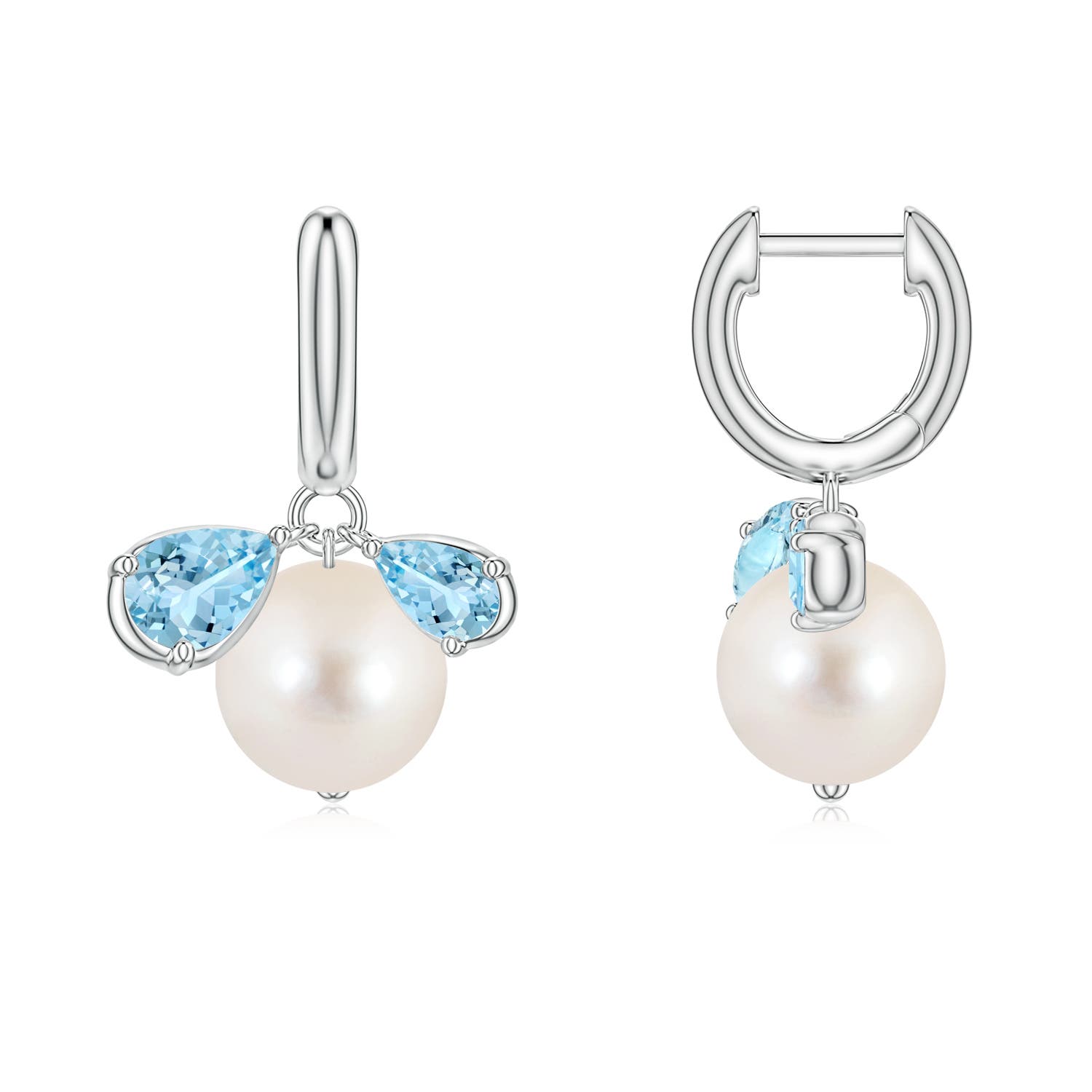 8mm AAAA Freshwater Pearl and Pear Aquamarine Huggie Hoop Drop Earrings in White Gold