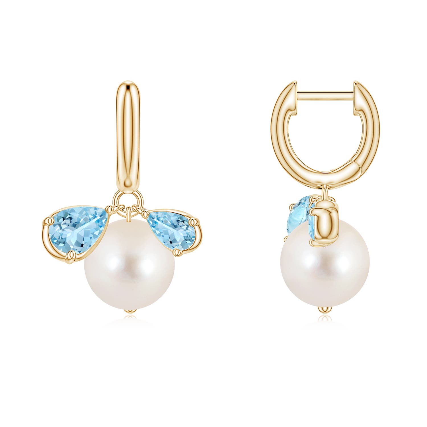 8mm AAAA Freshwater Pearl and Pear Aquamarine Huggie Hoop Drop Earrings in Yellow Gold