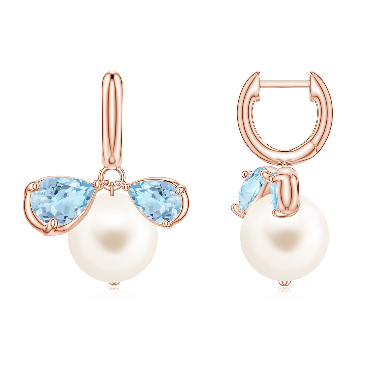9mm AAA Freshwater Pearl and Pear Aquamarine Huggie Hoop Drop Earrings in Rose Gold