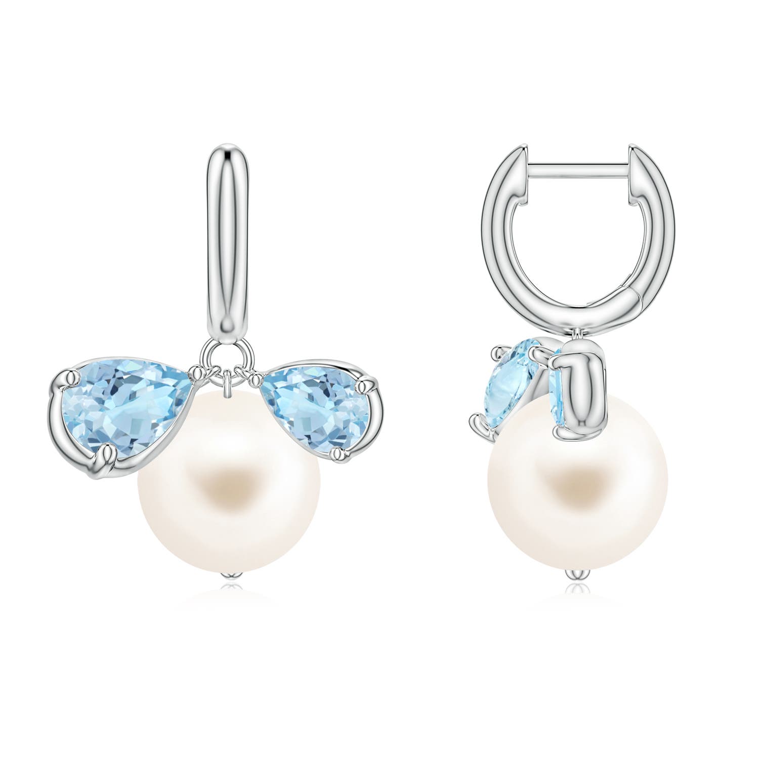 9mm AAA Freshwater Pearl and Pear Aquamarine Huggie Hoop Drop Earrings in White Gold