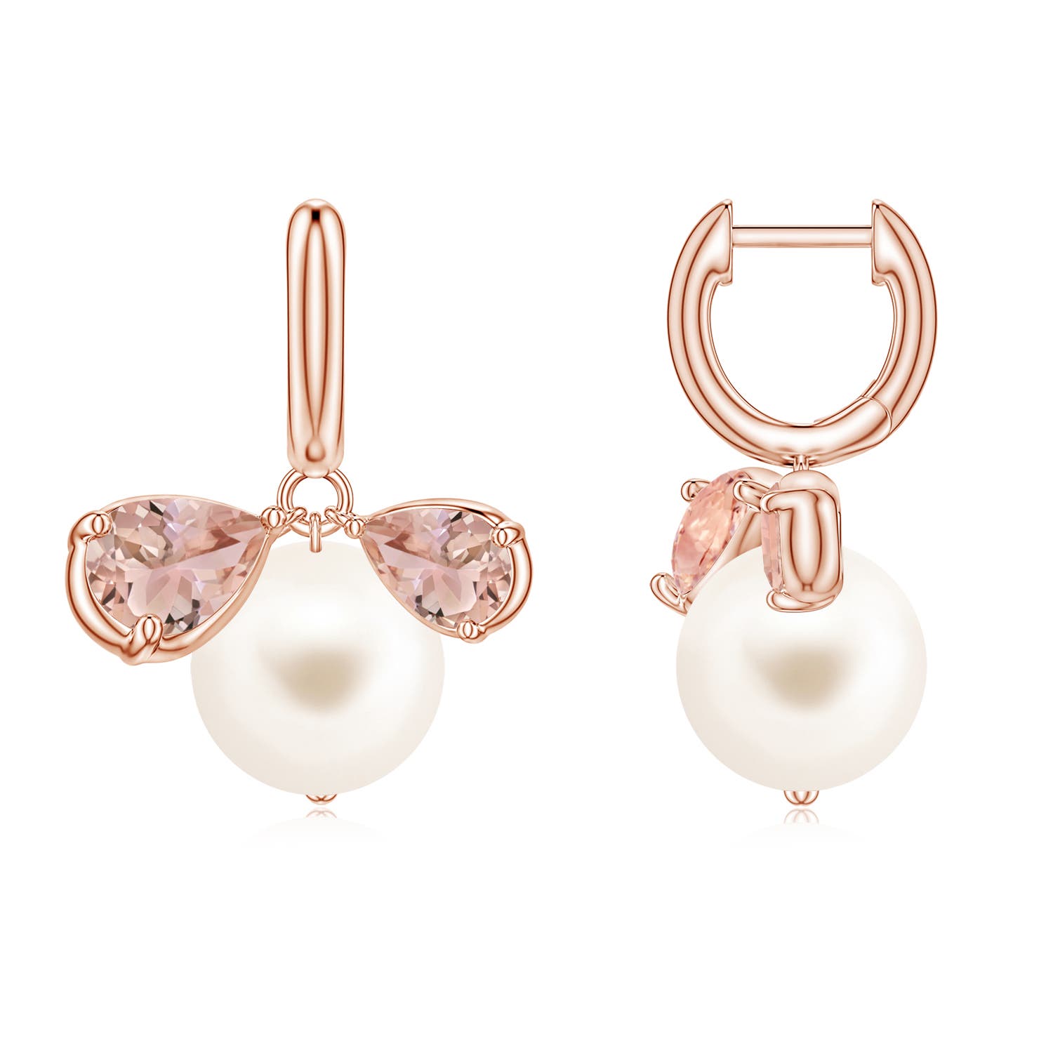 9mm AAA Freshwater Pearl and Pear Morganite Huggie Hoop Drop Earrings in Rose Gold