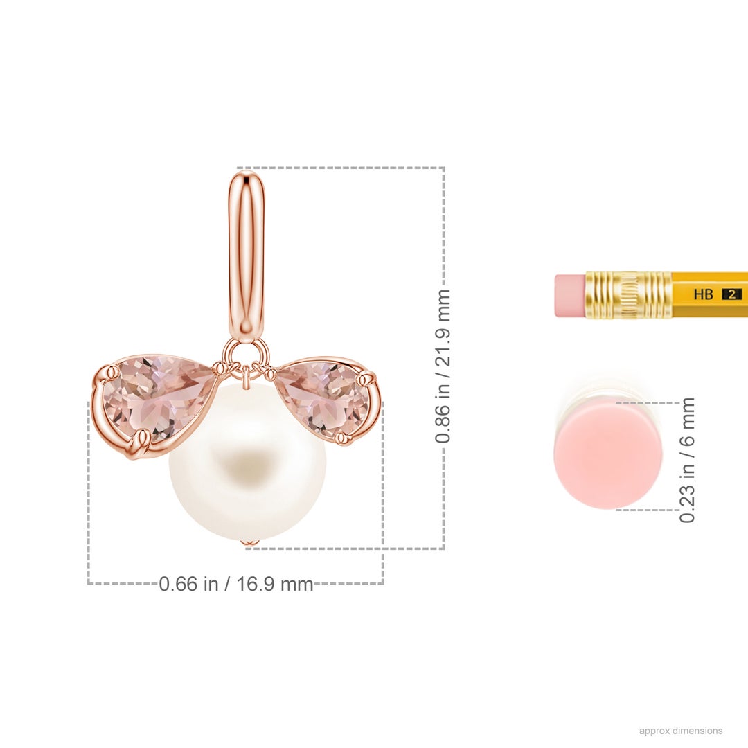 9mm AAA Freshwater Pearl and Pear Morganite Huggie Hoop Drop Earrings in Rose Gold - ruler