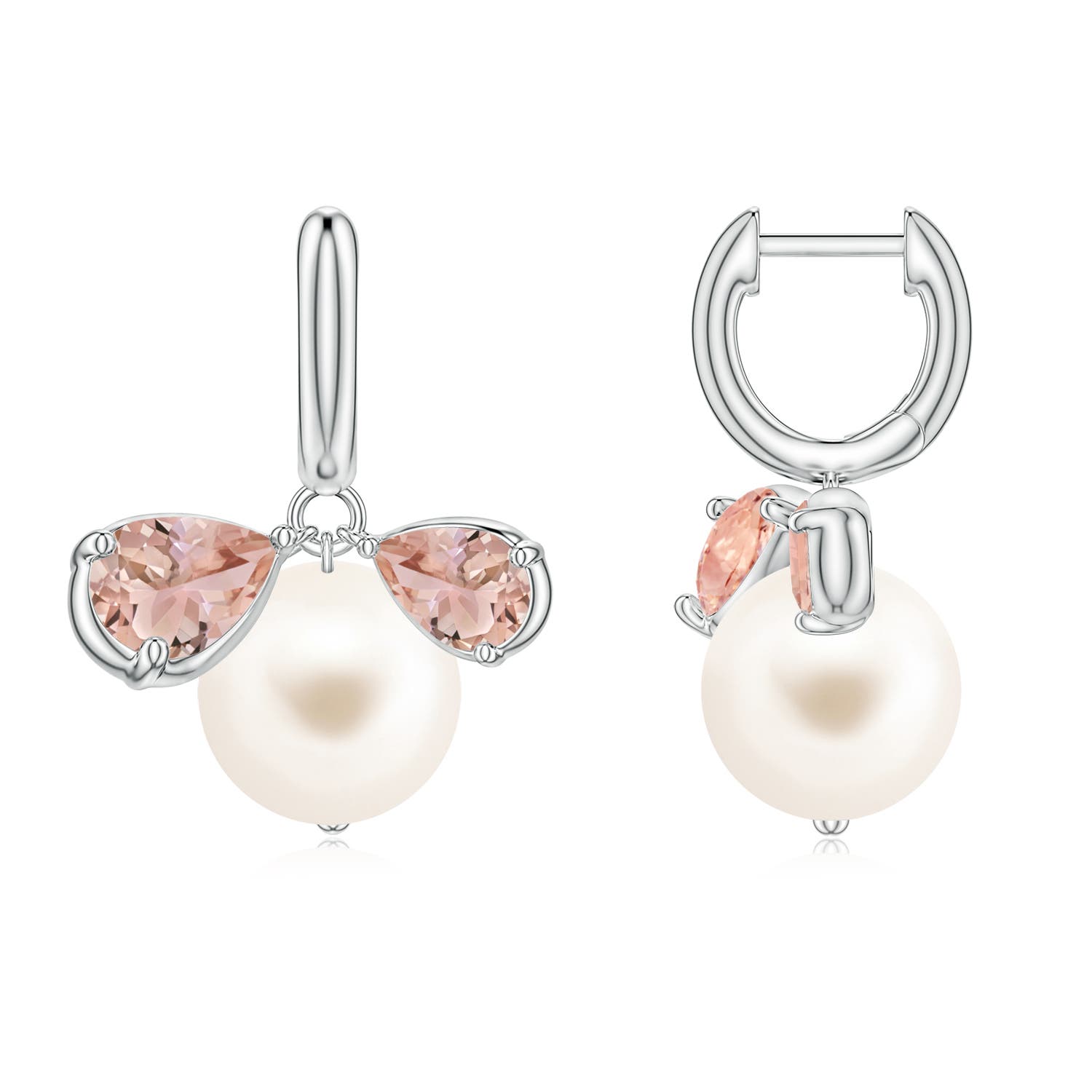 9mm AAA Freshwater Pearl and Pear Morganite Huggie Hoop Drop Earrings in White Gold