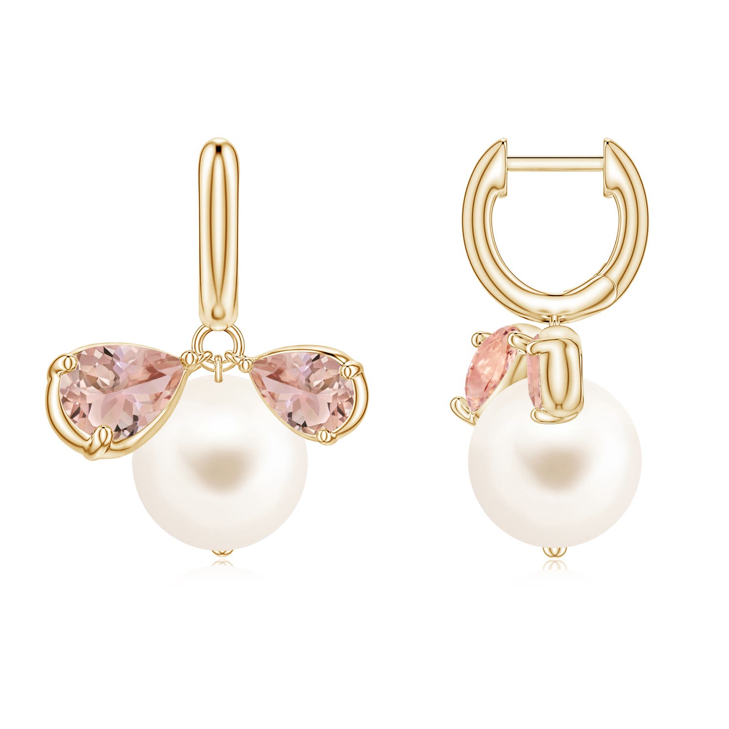 9mm AAA Freshwater Pearl and Pear Morganite Huggie Hoop Drop Earrings in Yellow Gold