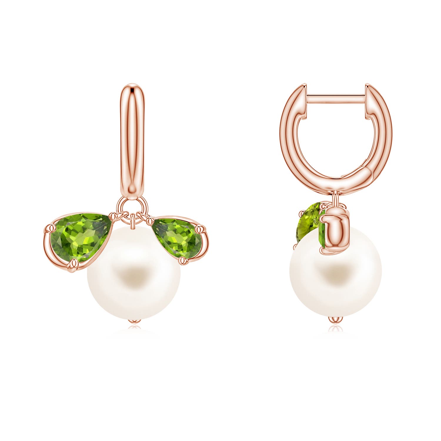 8mm AAA Freshwater Pearl and Pear Peridot Huggie Hoop Drop Earrings in Rose Gold