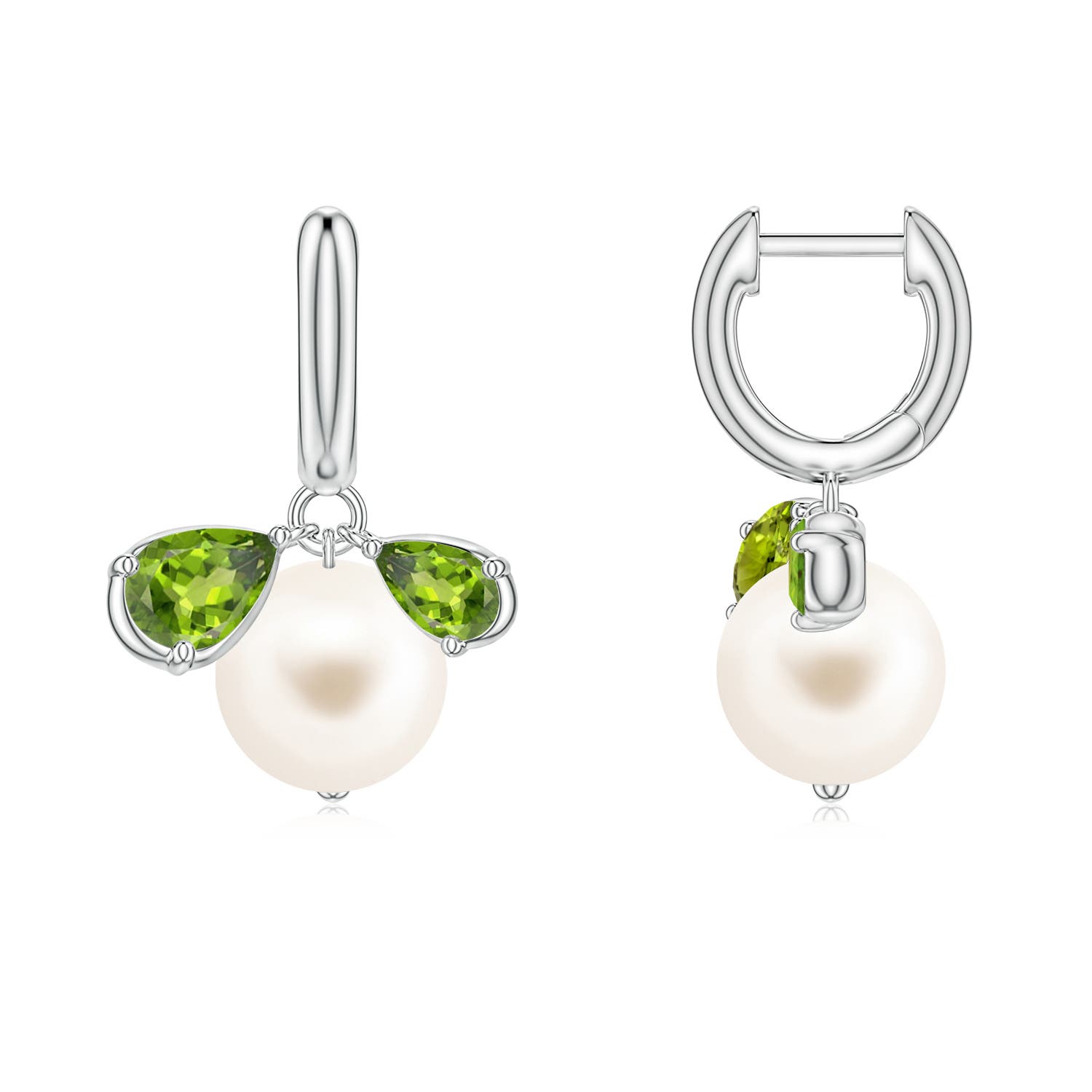 8mm AAA Freshwater Pearl and Pear Peridot Huggie Hoop Drop Earrings in White Gold