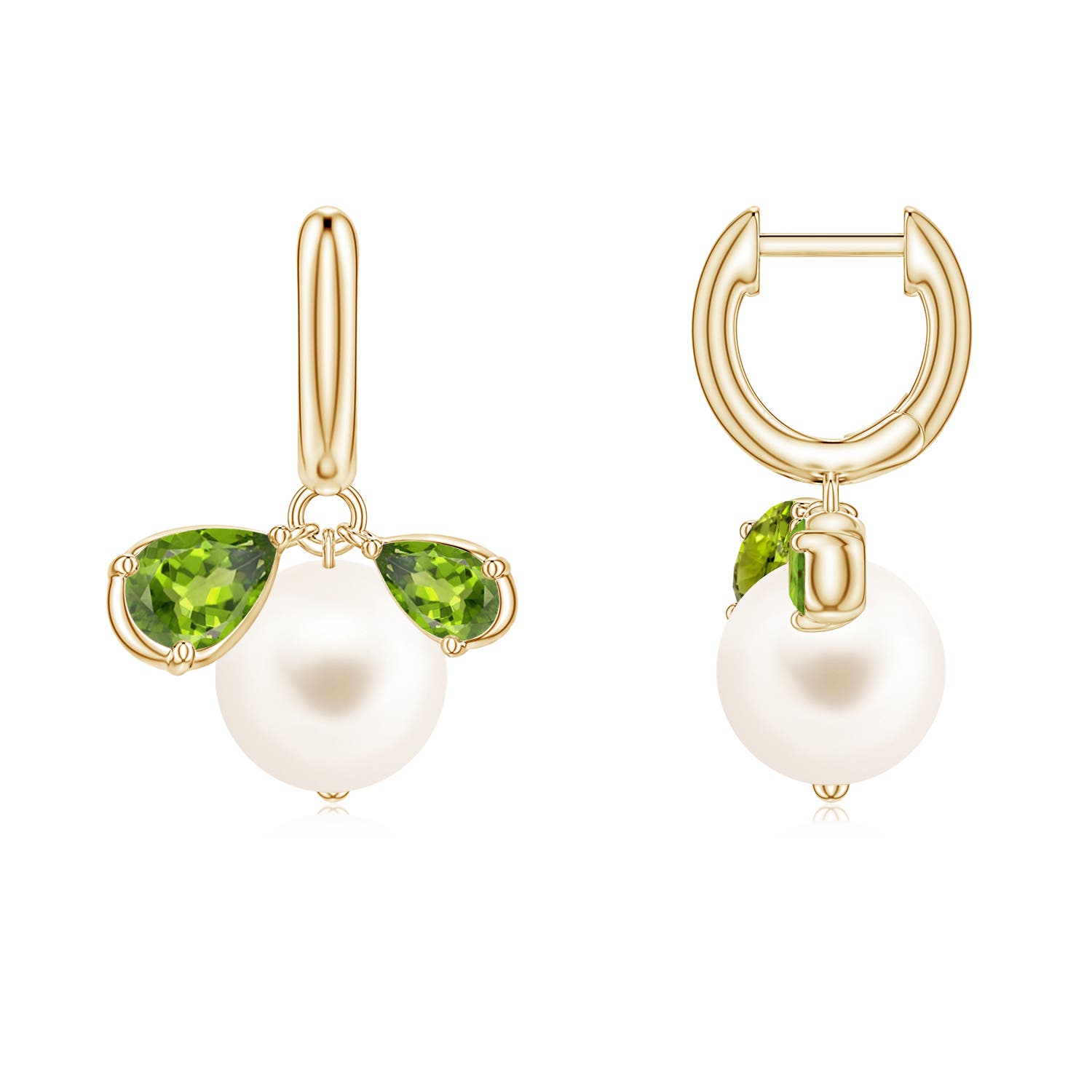 8mm AAA Freshwater Pearl and Pear Peridot Huggie Hoop Drop Earrings in Yellow Gold