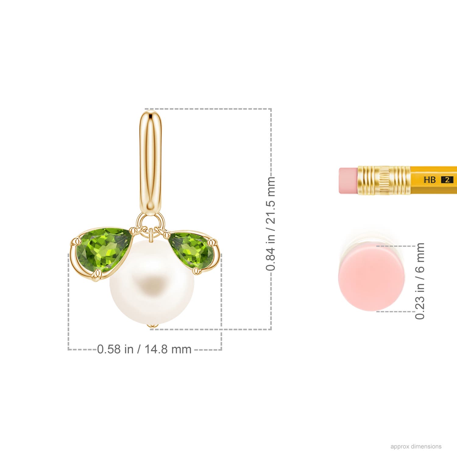 8mm AAA Freshwater Pearl and Pear Peridot Huggie Hoop Drop Earrings in Yellow Gold - ruler