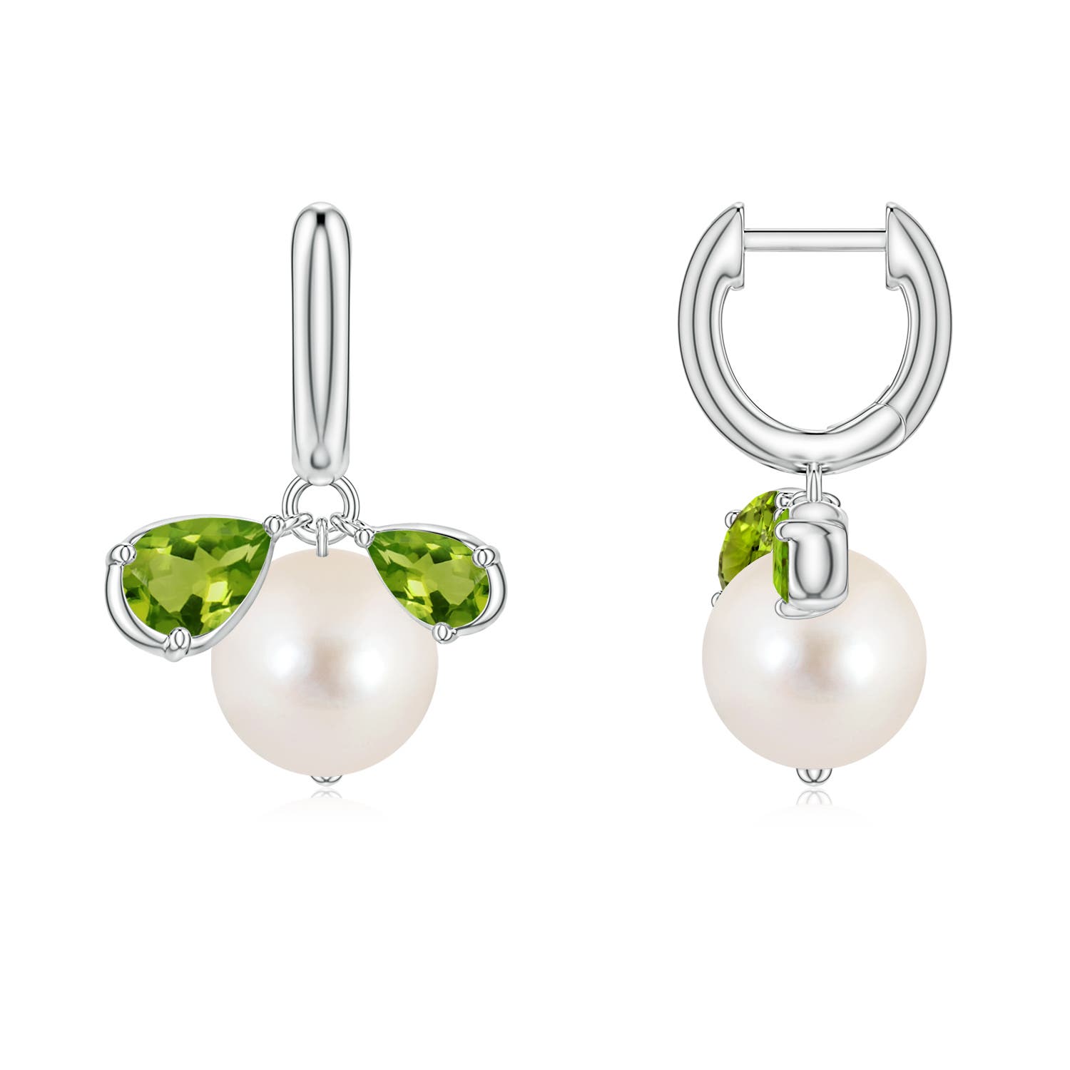 8mm AAAA Freshwater Pearl and Pear Peridot Huggie Hoop Drop Earrings in White Gold