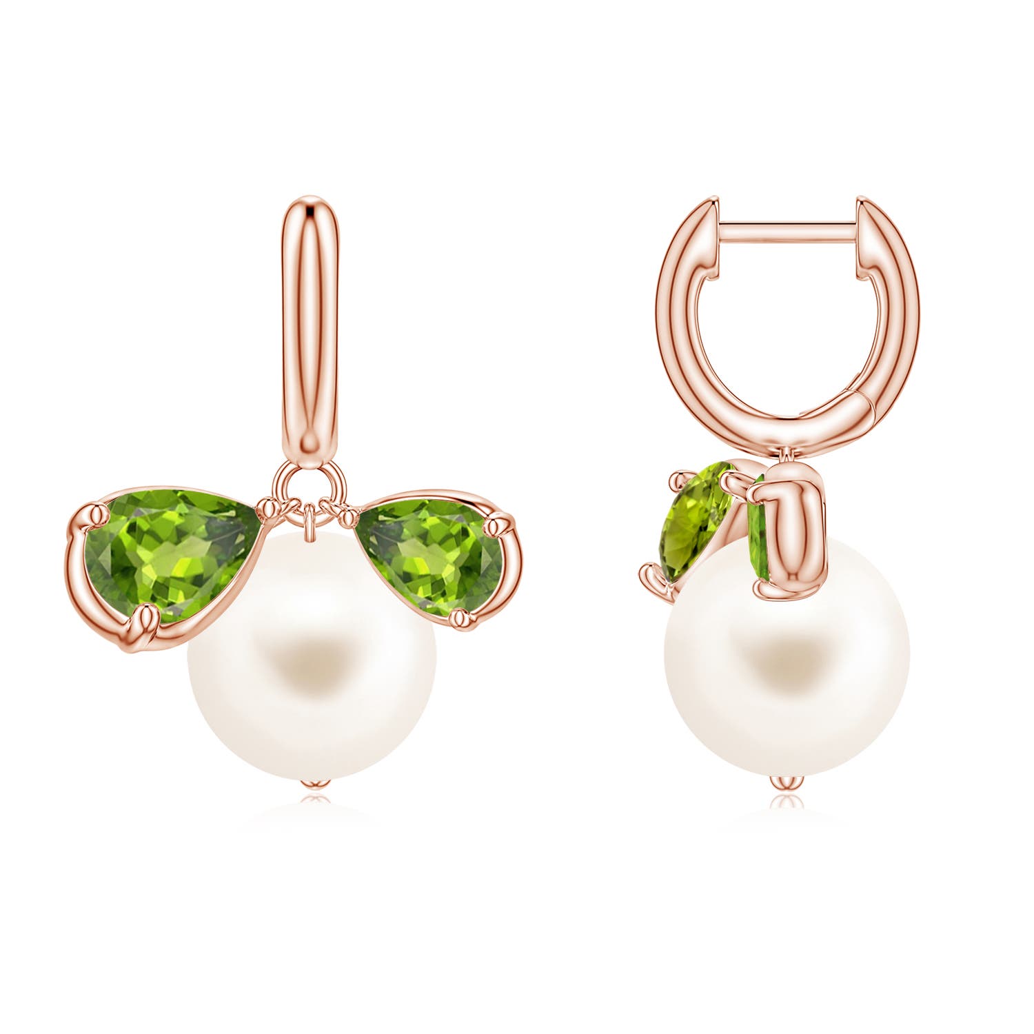 9mm AAA Freshwater Pearl and Pear Peridot Huggie Hoop Drop Earrings in 18CT Rose Gold