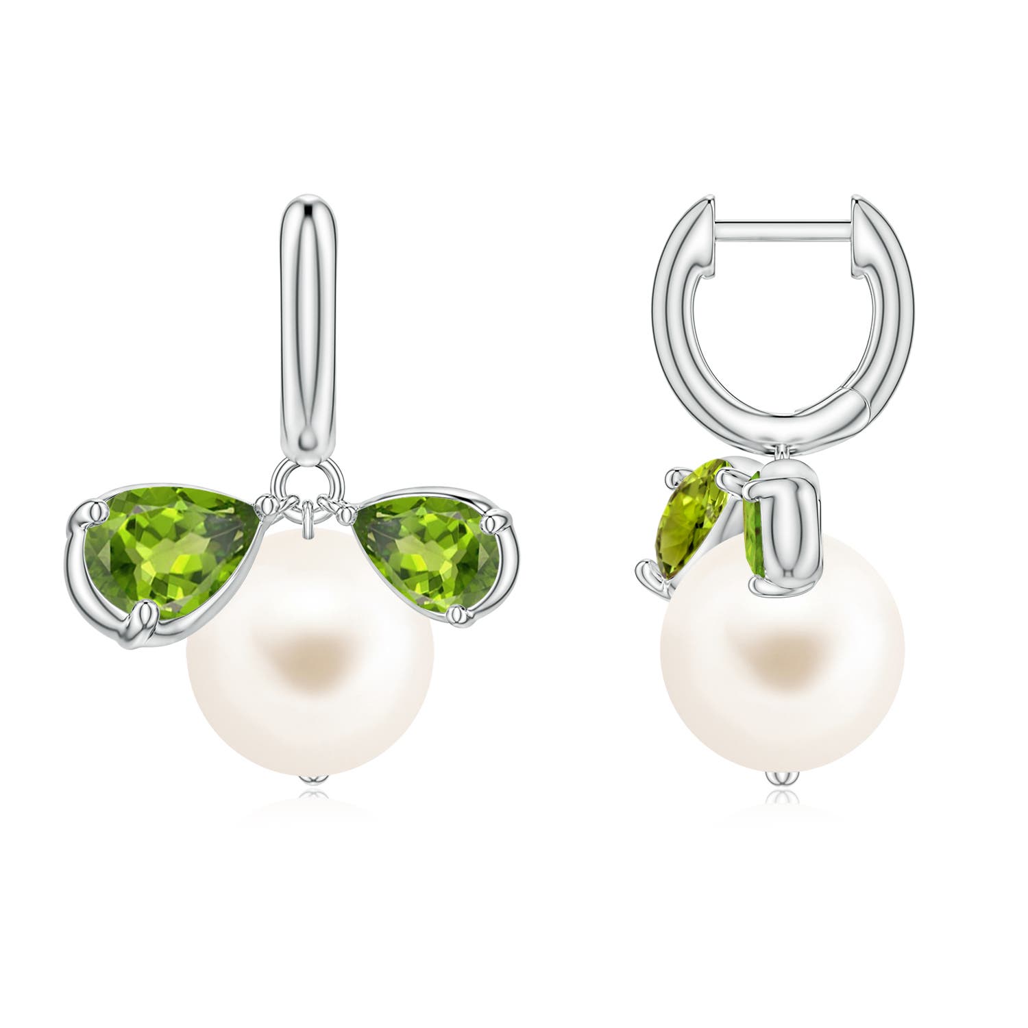 9mm AAA Freshwater Pearl and Pear Peridot Huggie Hoop Drop Earrings in White Gold
