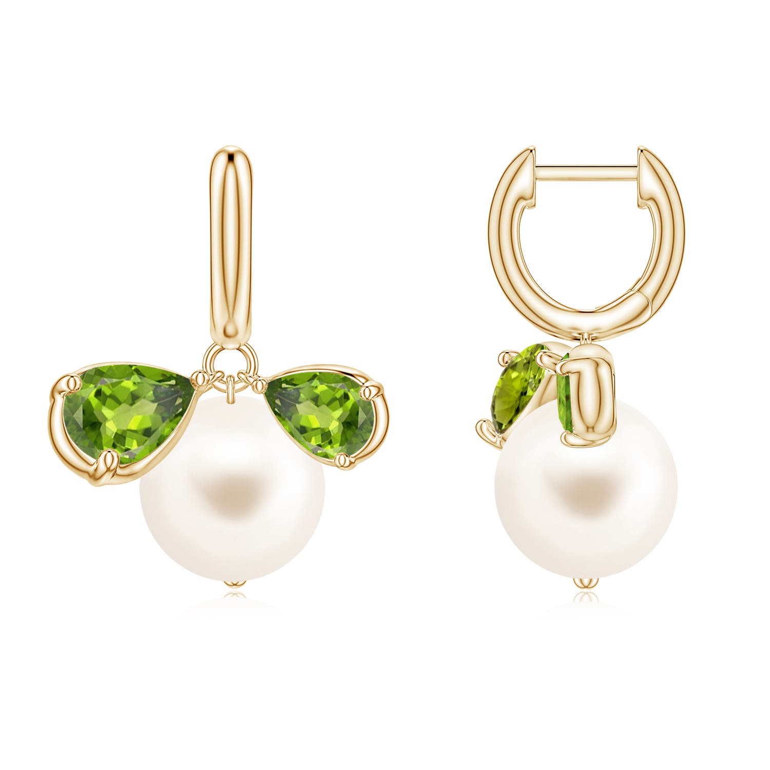9mm AAA Freshwater Pearl and Pear Peridot Huggie Hoop Drop Earrings in Yellow Gold